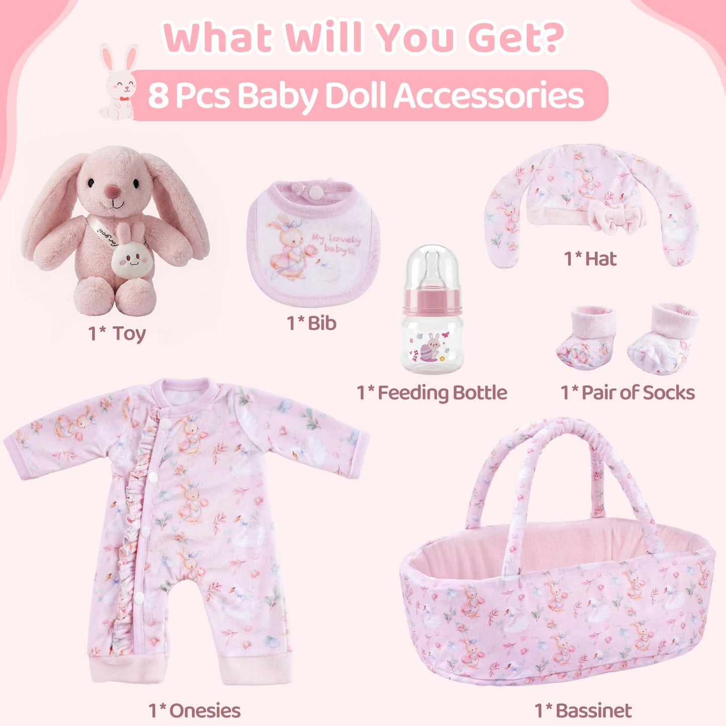 BABESIDE 8 Pcs Baby Doll Clothes Set with Bassinet for 12-15 Inch Dolls, Cute Bunny Baby Doll Clothes and Accessories Toy, Feeding Bottle – Babydoll Accessories for Gilrs
