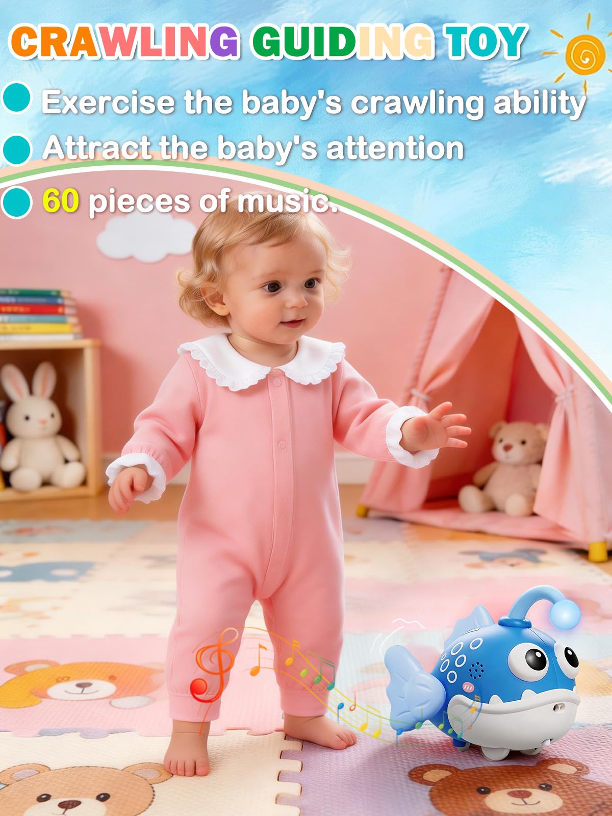 vexitemet Baby Crawling Toy Lantern Fish, Infant Tummy Time Toys & Musical Light Up 60 Songs, Early Development Toy for Infants and Toddlers 6-18 Months(Blue)