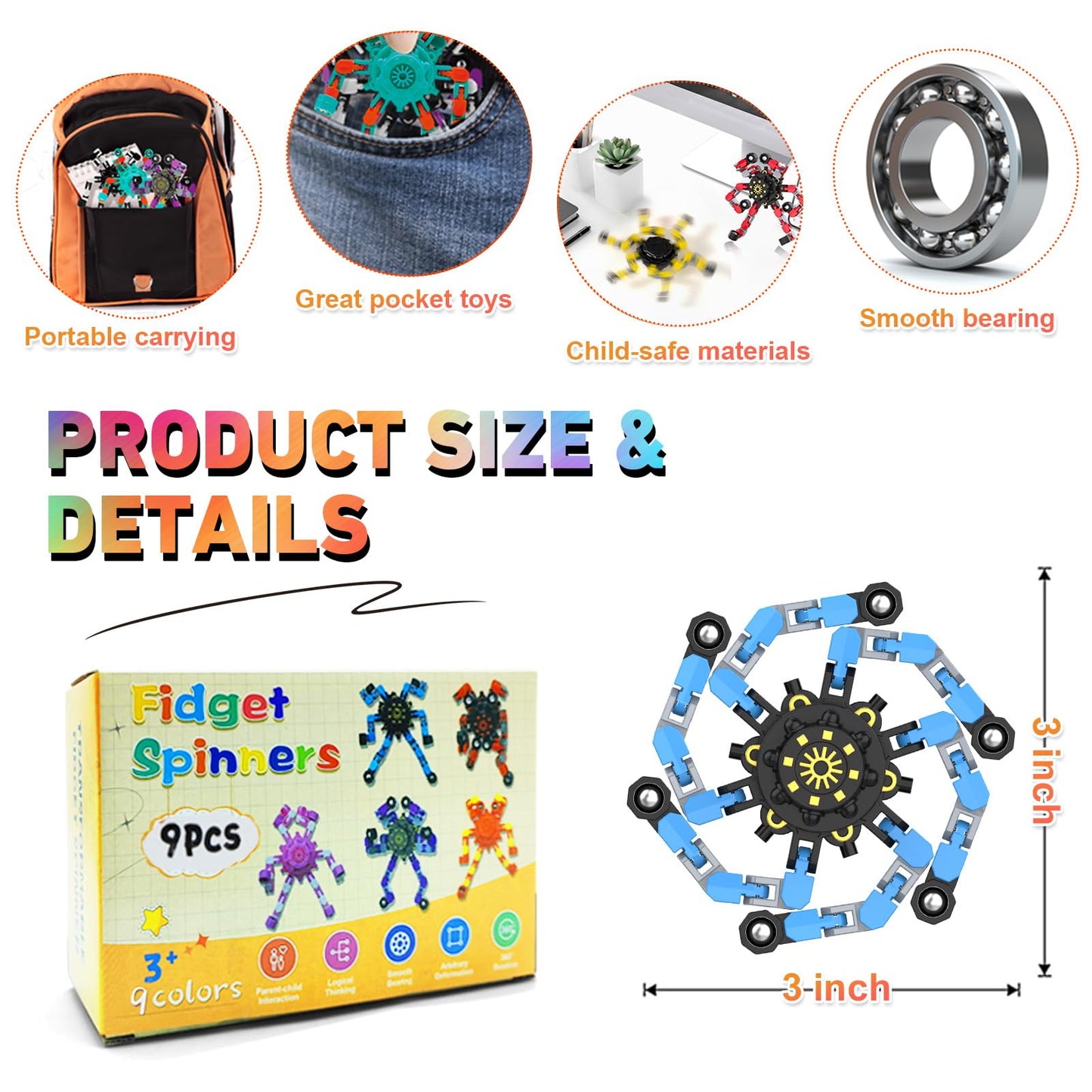 Easter Basket Stuffers Transformable Fidget Spinners,Funny Stress Relief Sensory Fidget Toys,Deformable Chain DIY Robot Fingertip Gyros Toy Party Favors Kids Easter Basket Stuffers(9PC)