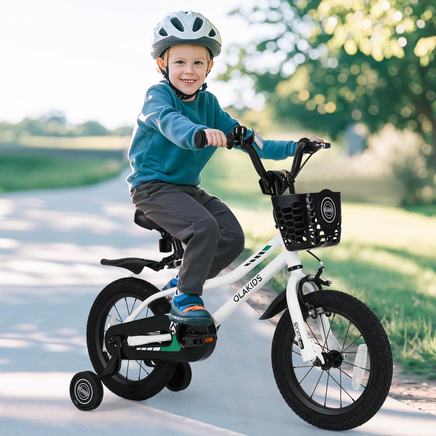 Olakids Kids Bike, 12 Inch Toddlers Bike with Training Wheels Storage Basket Adjustable Seat and Handlebar, Handbrake and Coaster Brake, Children's Bicycle for Boys Girls Aged 3+ Years Old