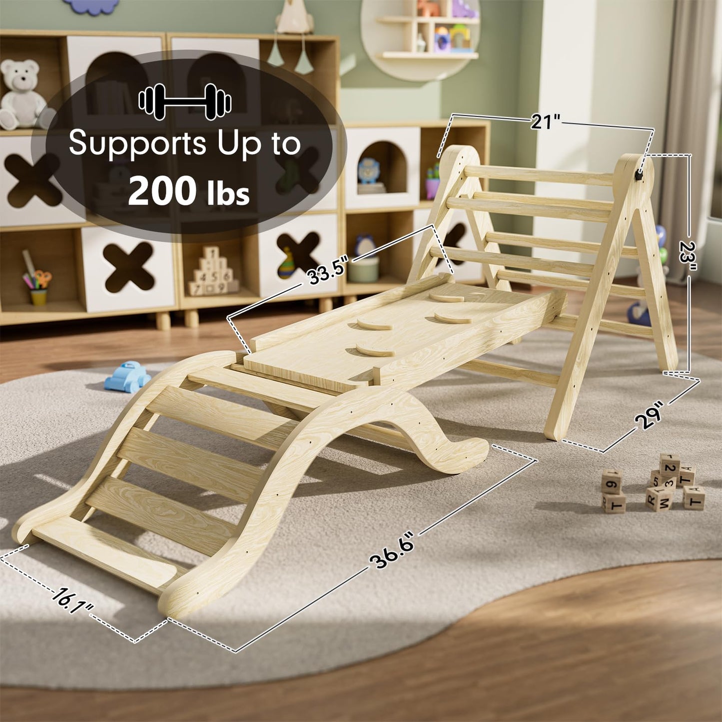 bbgroundgrm Pikler Triangle Set Climber 5 in 1, Toddler Climbing Toys Indoor Folding with Ramp & Arch for Montessori Play Gym for Toddlers and Kids (Natural)(99" Wx21 Dx23 H)