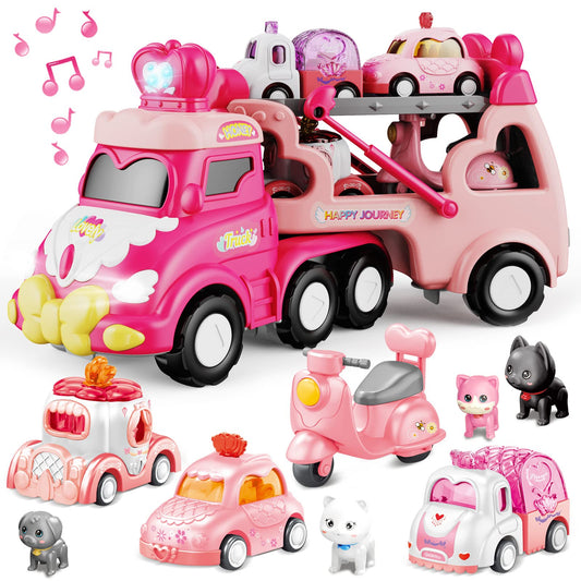 Seveclotree 9 in 1 Carrier Truck Cars Toys - Pink Princess Girl Car with Light and Sound - Toddler Toys Age 1-4
