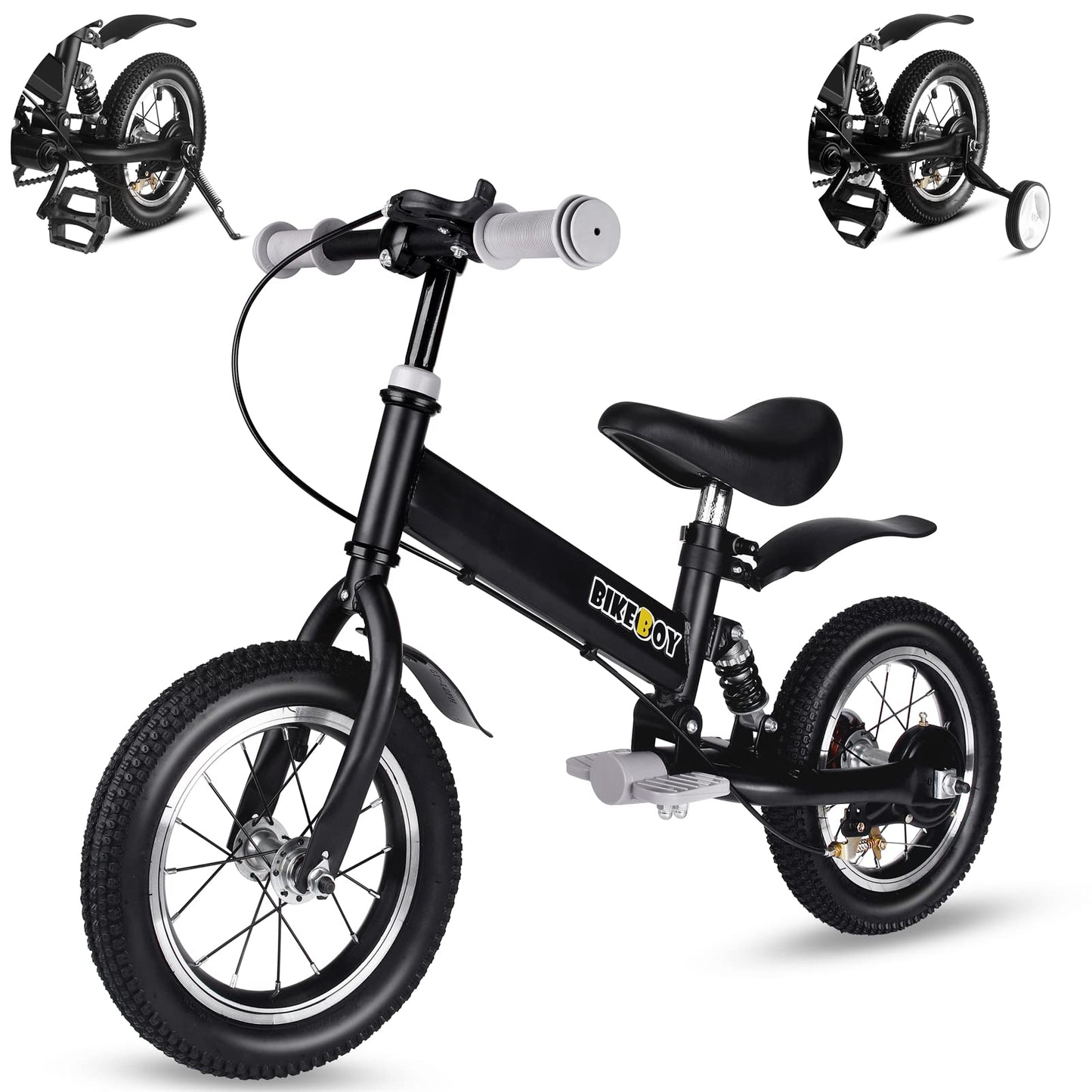 bikeboy Balance Bike 14 Inches, Dual Use Kids Bike for 2-6 Years Old, Shock Absorbers, Fenders, Pedals, Auxiliary Wheels, Black