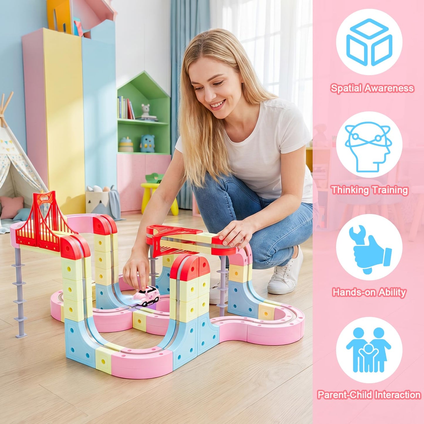 WUPIOS Electric Train Set, 3D Flexible Race Track 180 PCS Car Track with Light Gravity Defying Train Track Magnetic Track Car Toys Stem Learning Toy Girls Birthday Gift Cube Track