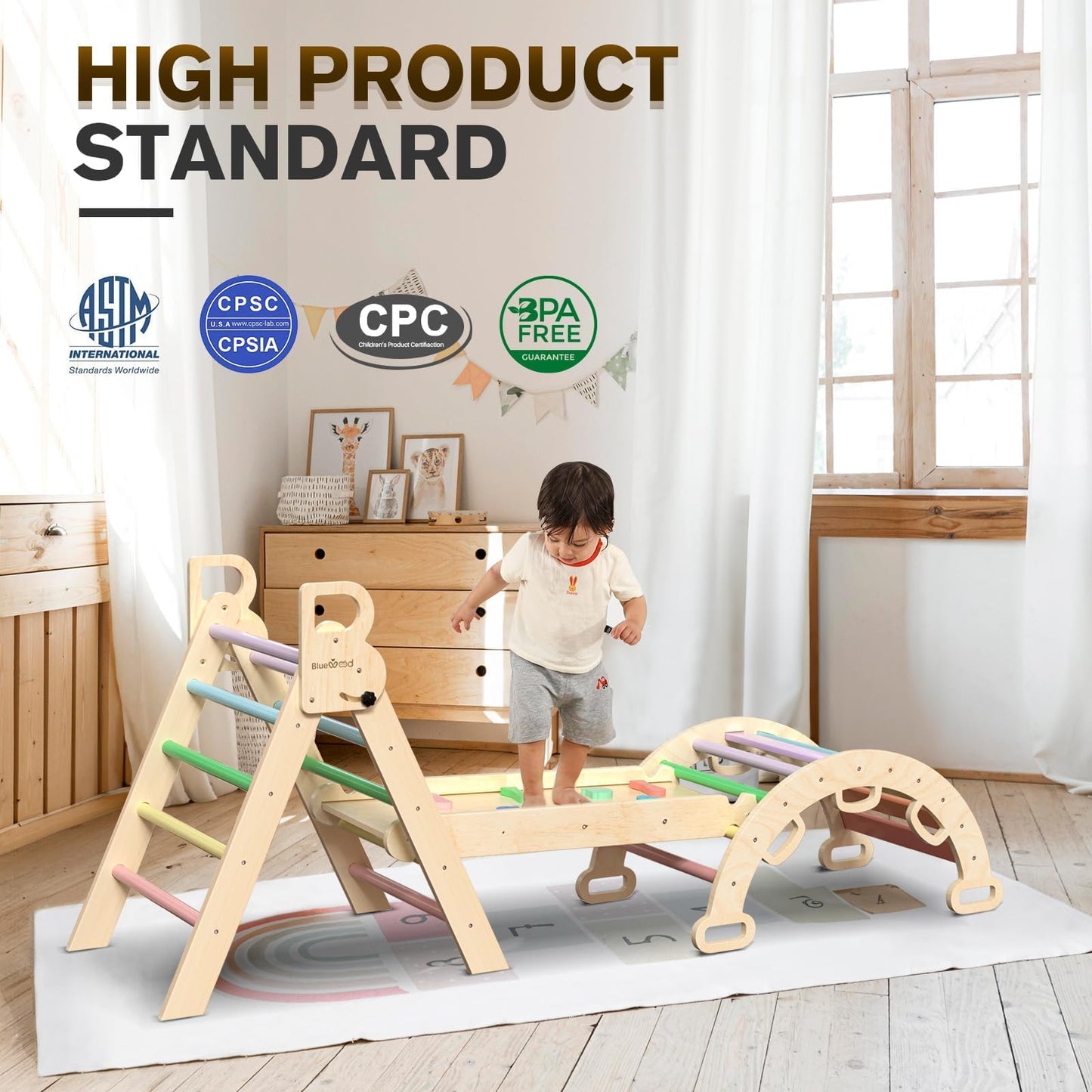 BlueWood Pikler Triangle Set 7in1 Foldable Baby Climbing Toys Wooden Montessori Climbing Set with Arch&Ramp&Ladder Baby Climber Indoor Jungle Gyms for Toddlers Montessori Toys- Rainbow
