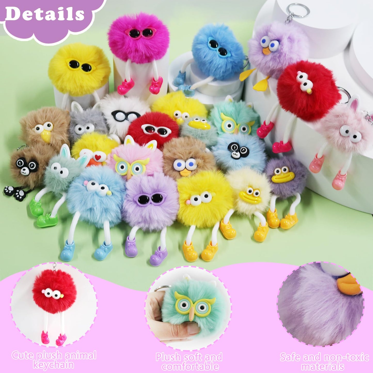 APZ 24 Pcs Cute Kawaii Keychains Plush Keychain Goodie Bags Classroom Prizes Party Favors for Birthday Class Valentines Day Gifts