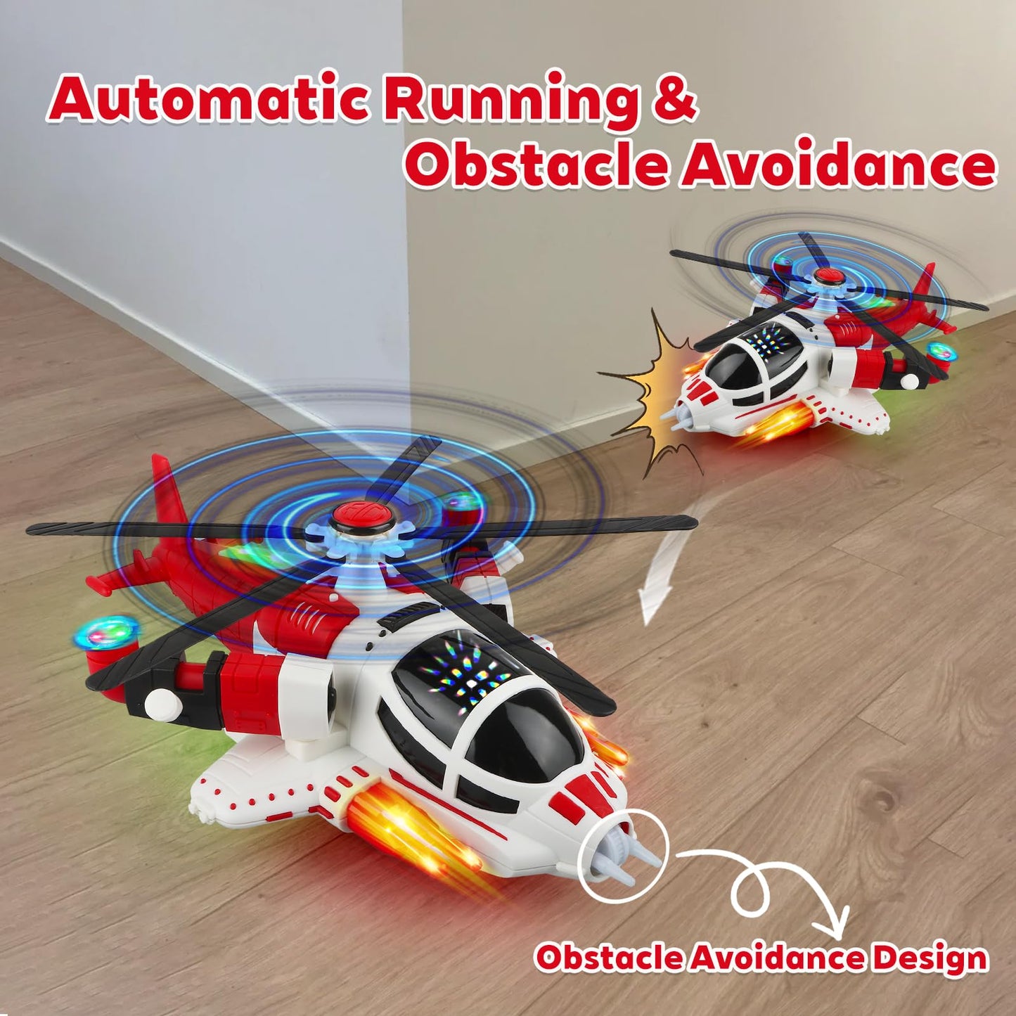 victob Helicopter Toy for Toddlers with Lights and Music, 360° Rotating Airplane Toy for Kids, Bump-and-Go Action, Birthday Gift for Boys Girls Ages 3-7 (Red)