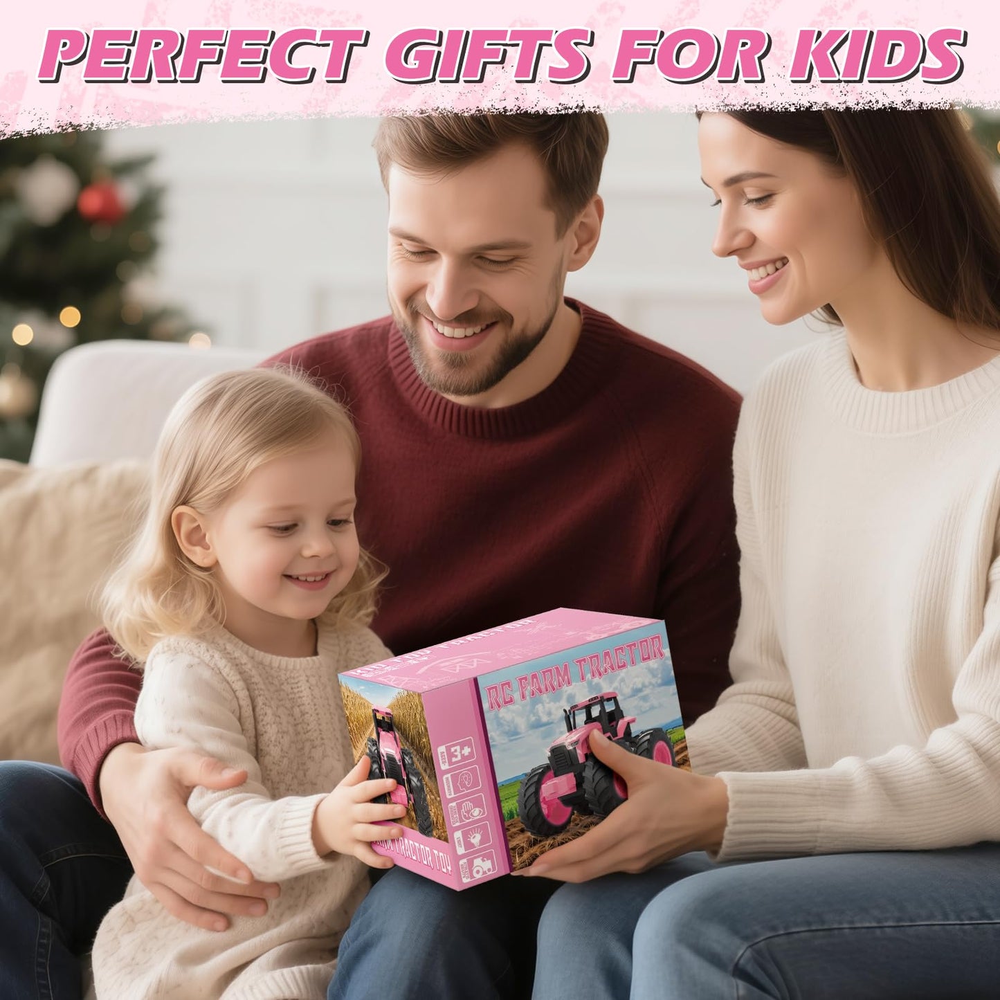 Remote Control Monster Tractor Toy for 3, 4, 5, 6, 7 years old, Pink Light Up Monster Trucks Toy with LED Lights Toddlers RC Farm Vehicle Toys for Boys ＆ Girls Ideal Christmas, Birthday Gifts for Kids
