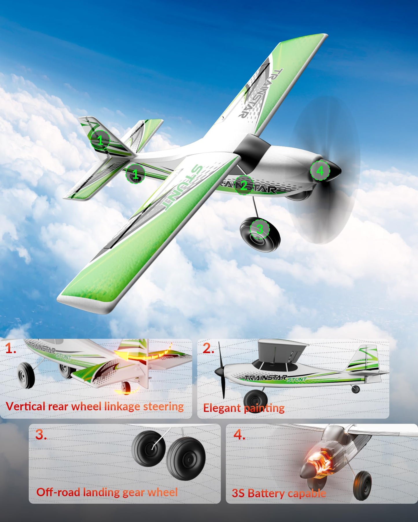 volantexrc 4 CH RC Plane TrainStar 500mm Brushless Remote Control Airplane Fighter RTF with 6-Axis Gyro,3 Modes & Aerobatics, 2.4GHz Radio Controlled Aircraft for Beginners & Adults (Green)