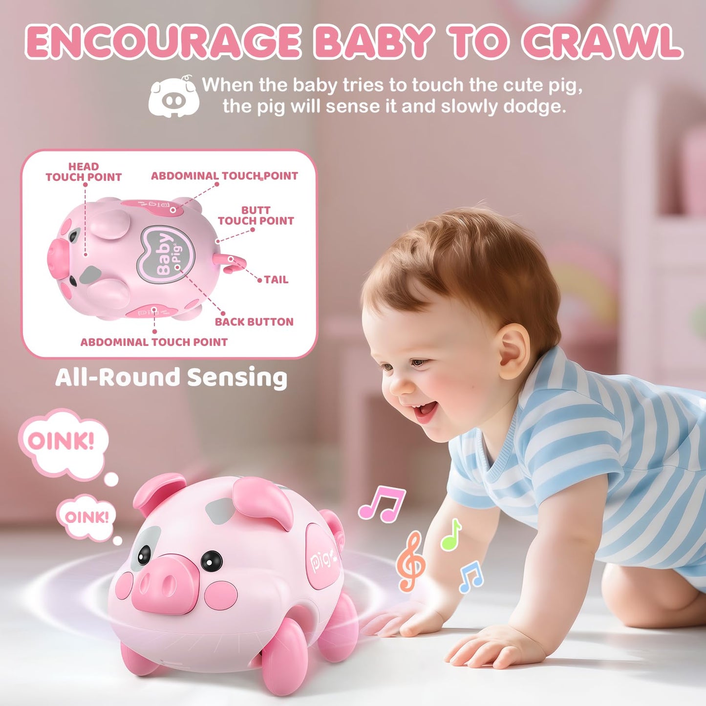 Baby Musical Toys for 6-12-18 Months, Musical Piggy Toys for Toddler 1 Year Old Baby Girl, Infant Crawling Light up Music Toys for Tummy Time Development, 1st Birthday Gift for Boy 7 8 9 10+ Month