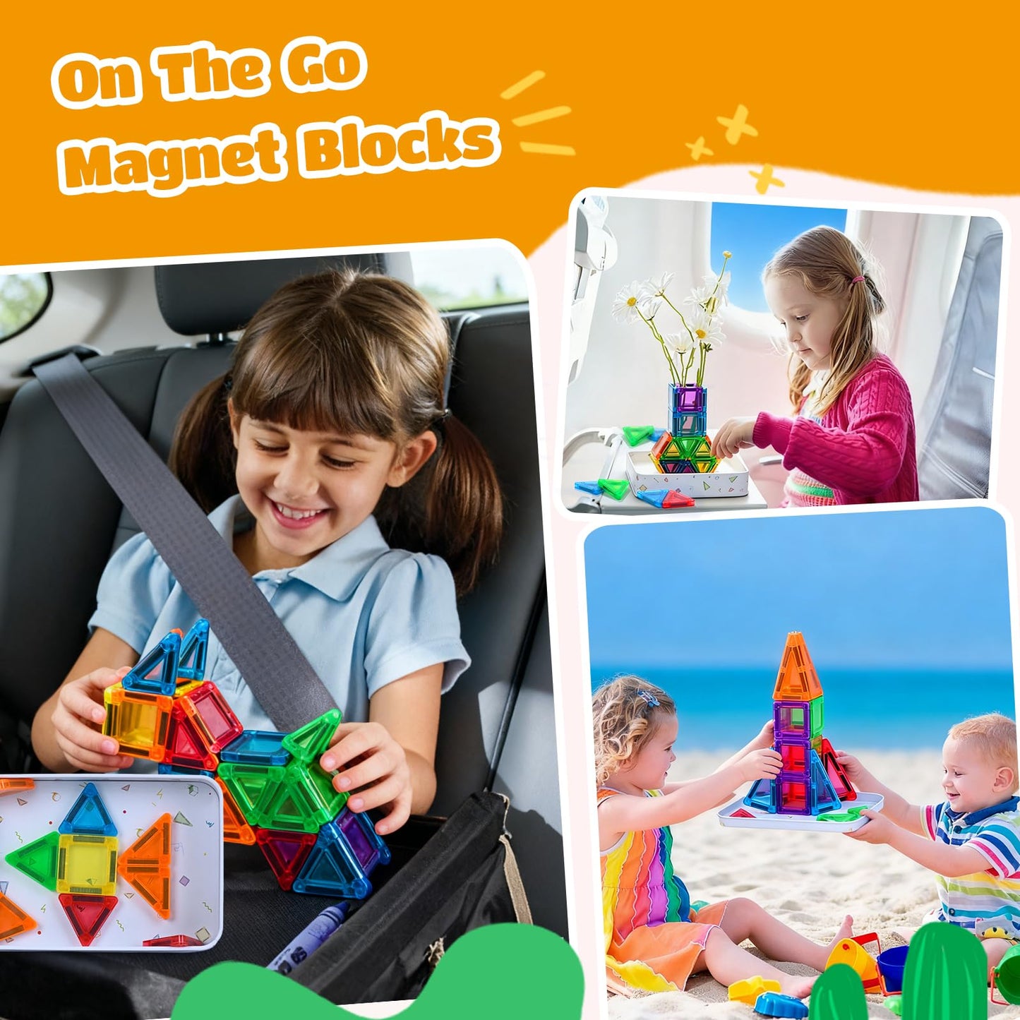 ZNZ Mini Magnetic Tiles 48PCS Travel Toys for Kids, Airplane Travel Activities Magnet Building Toys for Girls Boys 3-8 Road Trip ‌Sensory Toy, Educational Gifts for Toddler 3 4 5 6 Year Old