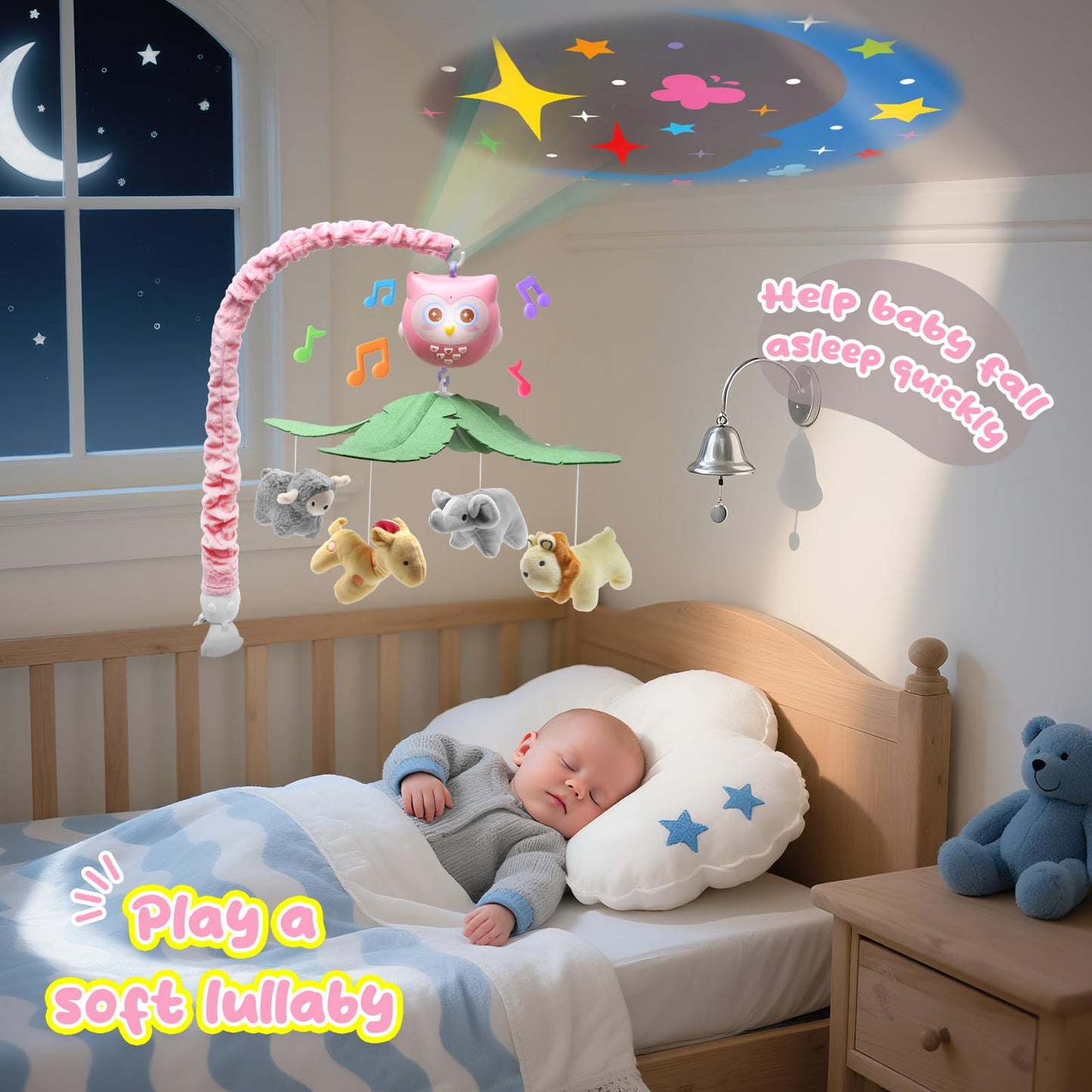 SUMWE Baby Crib Mobile with Music and Lights for Boys Musical Mobile Animals for Crib Bassinet Girls Toys Hanging Portable Safari Nursery Decor Pink