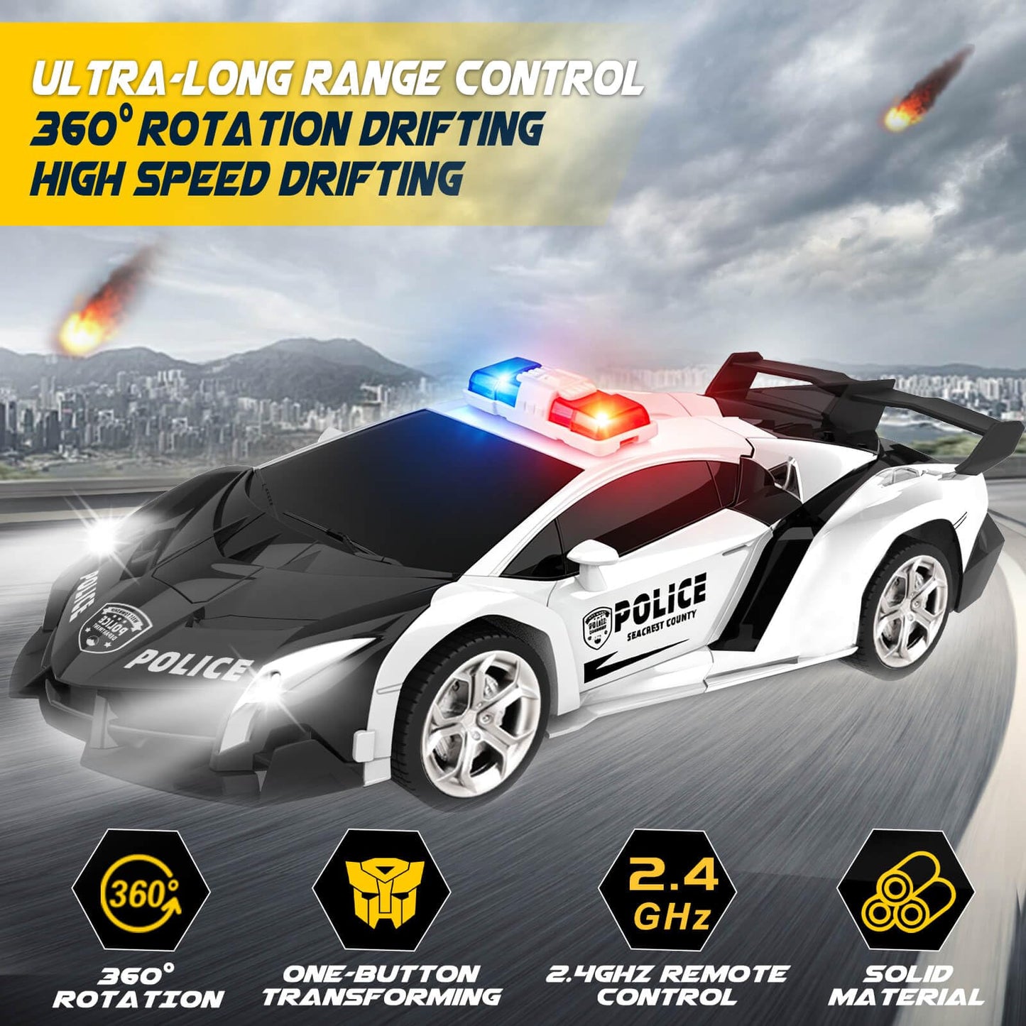 Dolanus Remote Control Police Car - RC Car Transform Robot, Flashing Light, 2.4Ghz, 360 Degree Rotating, Toys for Ages 5-7, Kids Toys, Birthday Gifts for 3 4 5 6 7 8 10 12 Years Old Boy (Black)
