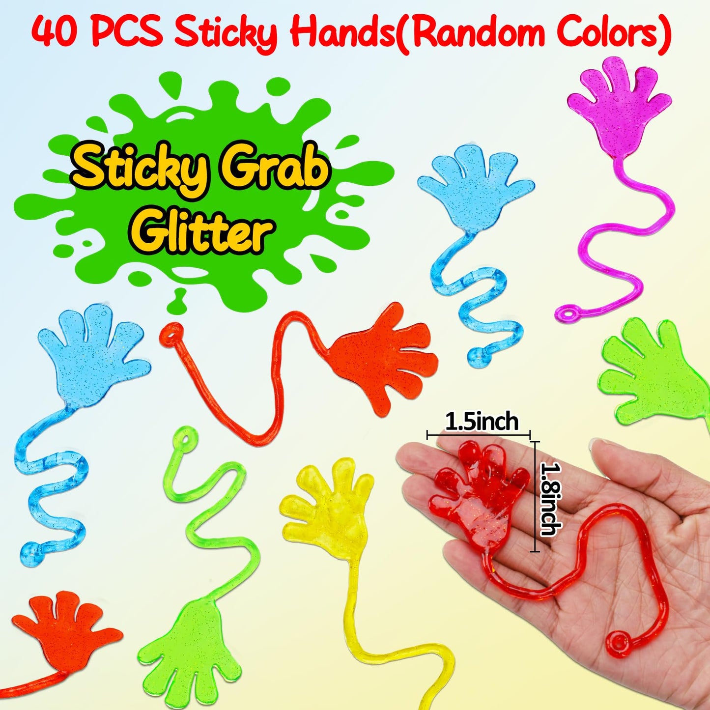 40PCS Glitter Sticky Hand Birthday Party Favors for Kids 4-8 8-12 Summer Goodie Bag Stuffers Classroom Treasure Box Toys Carnival Prizes Bulk Treat Trinket Pinata Fillers Mini Stuff End of Year Gifts