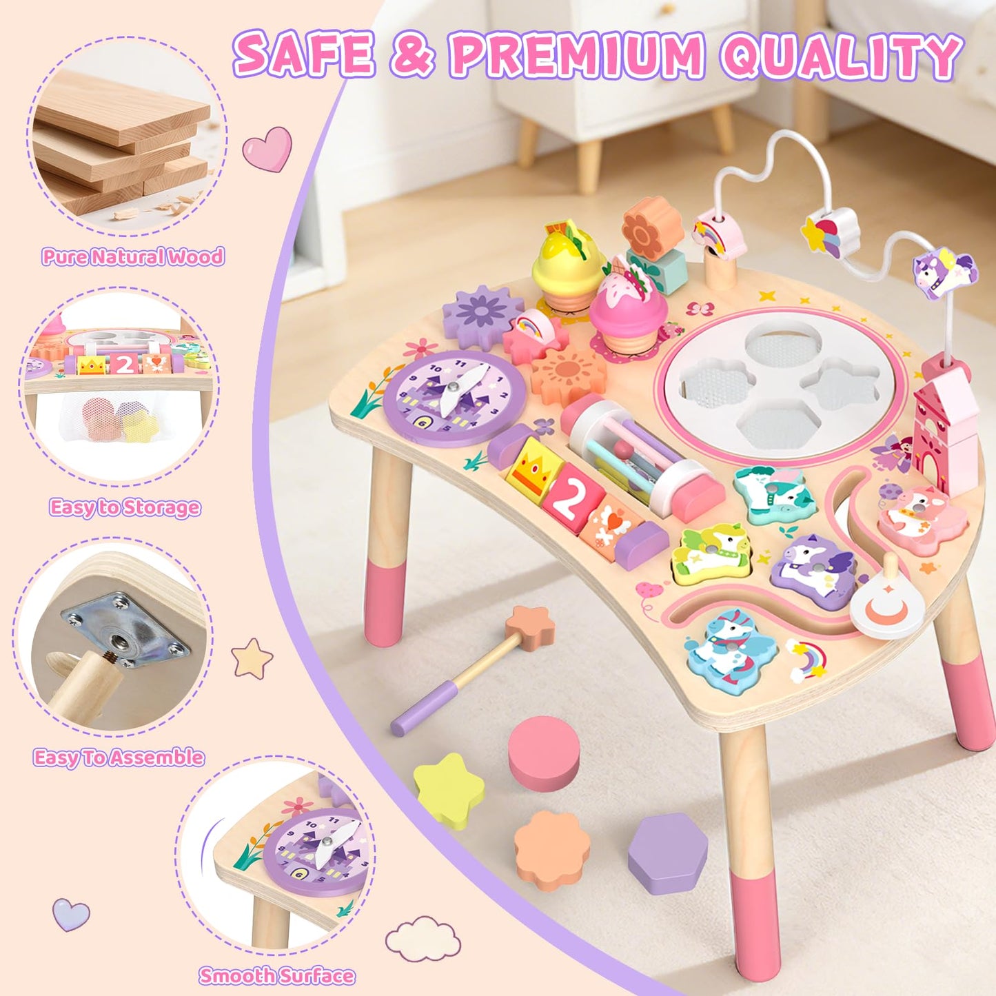 Hewaurorion Wooden Activity Table for Toddlers 1-3, Unicorn 10-in-1 Montessori Busy Board with Bead Maze Shape Matching Gears Clock, Sensory Learning Toys for 1 2 3 Year Old Girls Boys Birthday Gift