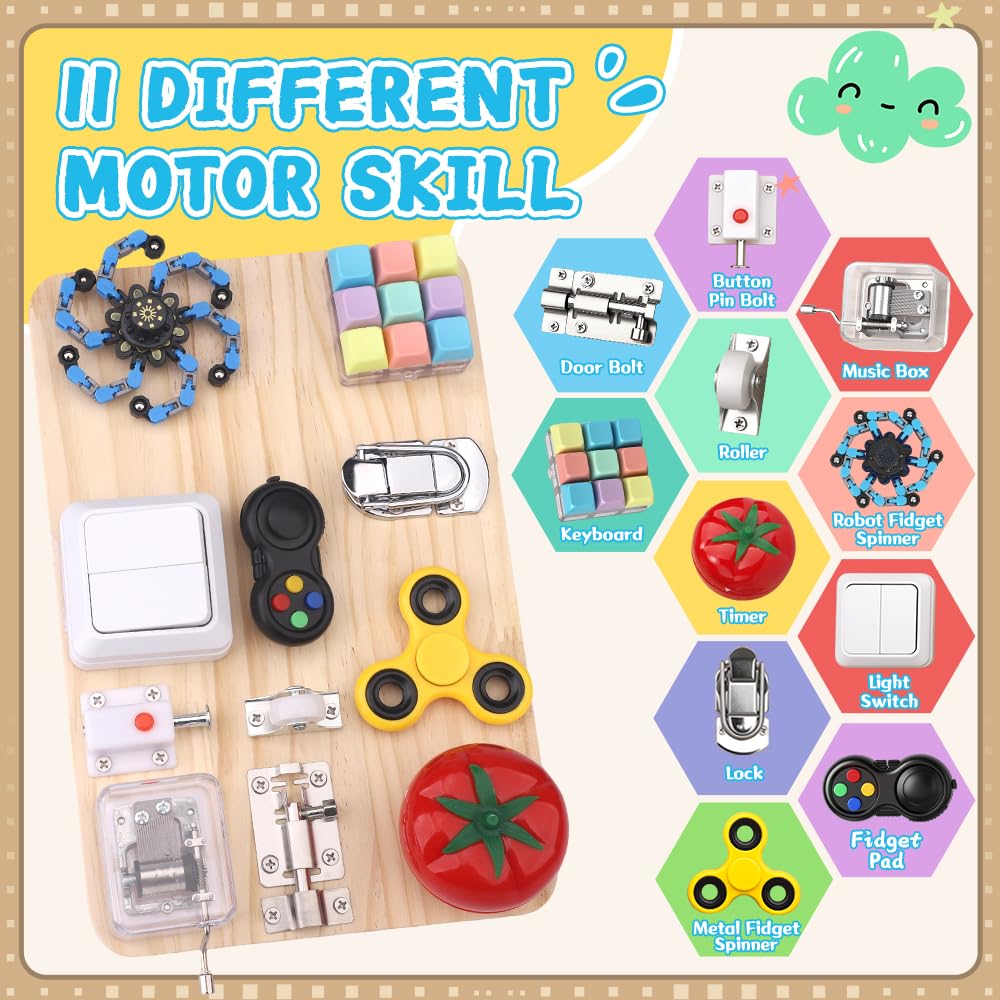 Busy Board for Toddler Kid Early Development, Fidget Sensory Learning Motor Skills Montessori Toy for Age 3 4 5, Busy Pad Fidget Spinner Travel Toy Birthday Gifts Educational Activities for Boy Girl