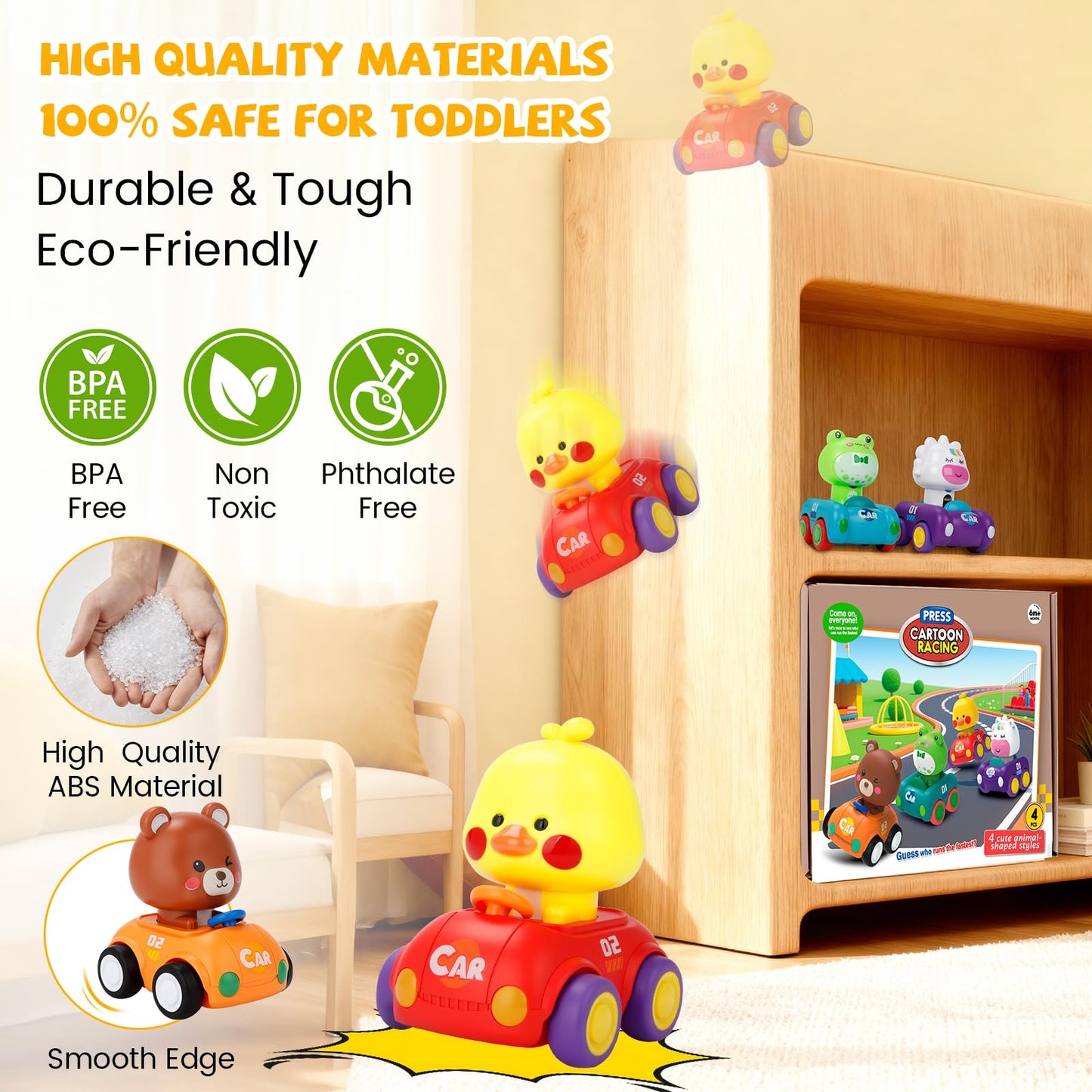 LBJGL Press and Go Car Toys for Toddlers 1-3, 4 Pack Friction Powered Baby Push Cars, Infant Play Vehicle Set for 6-9-12-18 Months, 1st Birthday Gifts for 1-2 Year Old Boys Girls