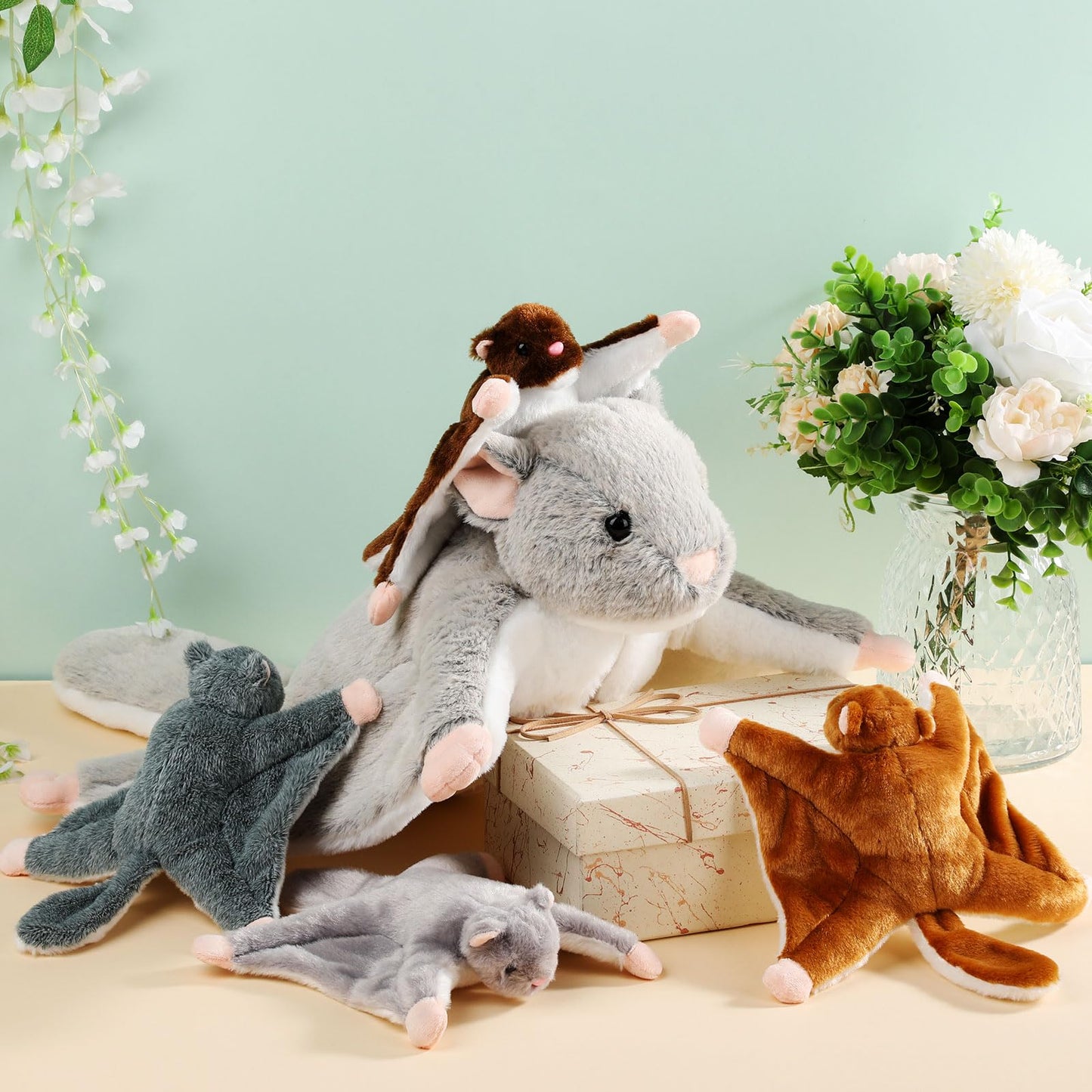 Civaner 5 Pcs Flying Stuffed Squirrel Animals Set 13 Inch Mommy Stuffed Flying Plush Squirrel Toy with 4 Babies Soft Fluffy Plushies Dolls for Christmas Valentines Easter Birthday Gifts