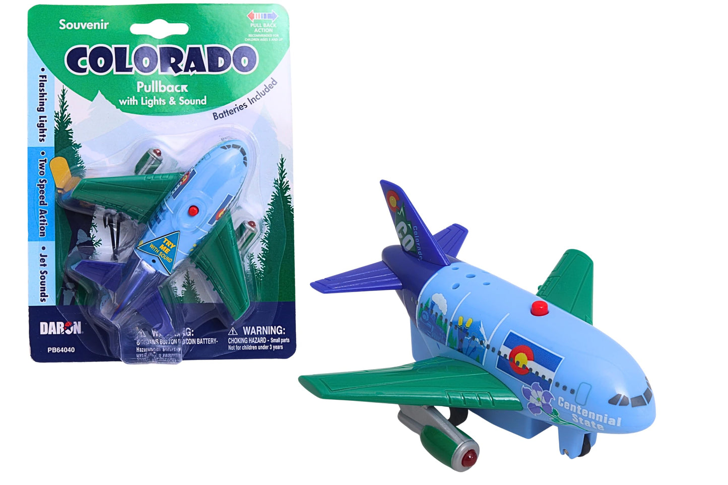 Daron Colorado Pullback Airplane – Light & Sound Jet Toy with Electronic Take-Off, 4¼-Inch Plastic Aircraft for Kids Ages 3+