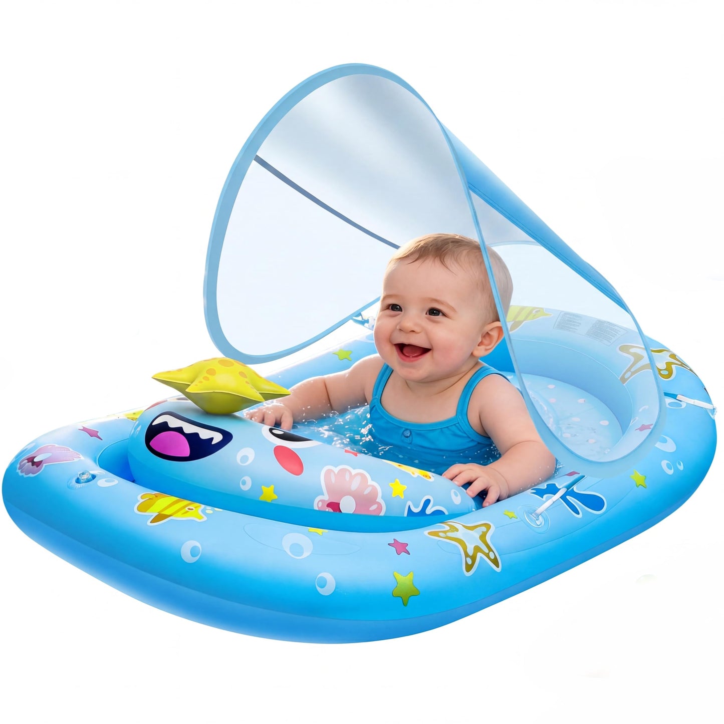 SKINFRND Baby Float with Canopy- UPF50+ Sun Protection Baby Pool Float，Inflatable Kids Pool Float with Adjustable Safety Seat for 6-36 Months Kids Swimming,with Marine Animal Floating Toys