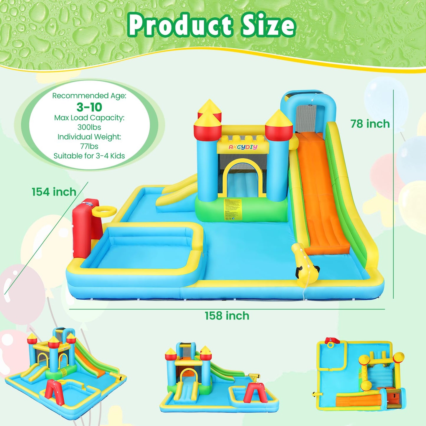 AKEYDIY Water Slide,Outdoor Inflatable Water Slide for Kids,Water Bounce House with Deep Splash Pool,Dual Slide,Big Bounce Area,Water Cannon&Basketball Hoop,Bouncy Castle with 550W Blower for Backyard