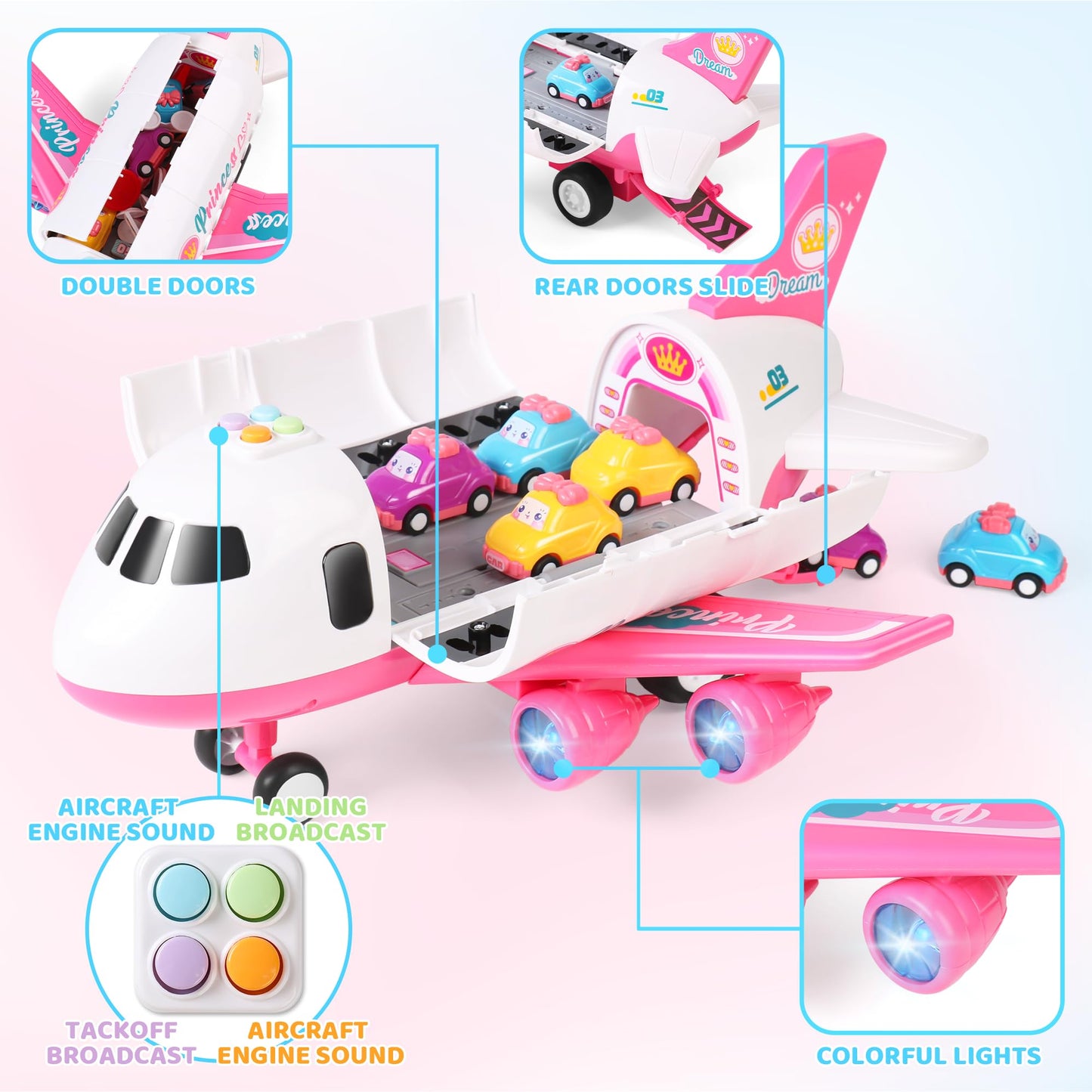 Dwi Dowellin Pink Airplane Toy with 6 Truck Cars and Play Mat,Plane with Lights and Sounds for 3 4 5 6 7 Years Old Toddlers Boys and Girls
