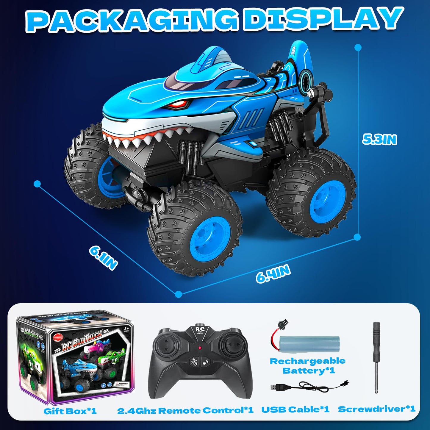 YongnKids Remote Control Car, Shark Monster Trucks for Boys Age 4-7, 2.4Ghz Rchargeable Rc Car with Music & Light,360° Rotating Stunts RC Truck Toy for Kids 3-5 6 7 8-12 Birthday Easter Gift