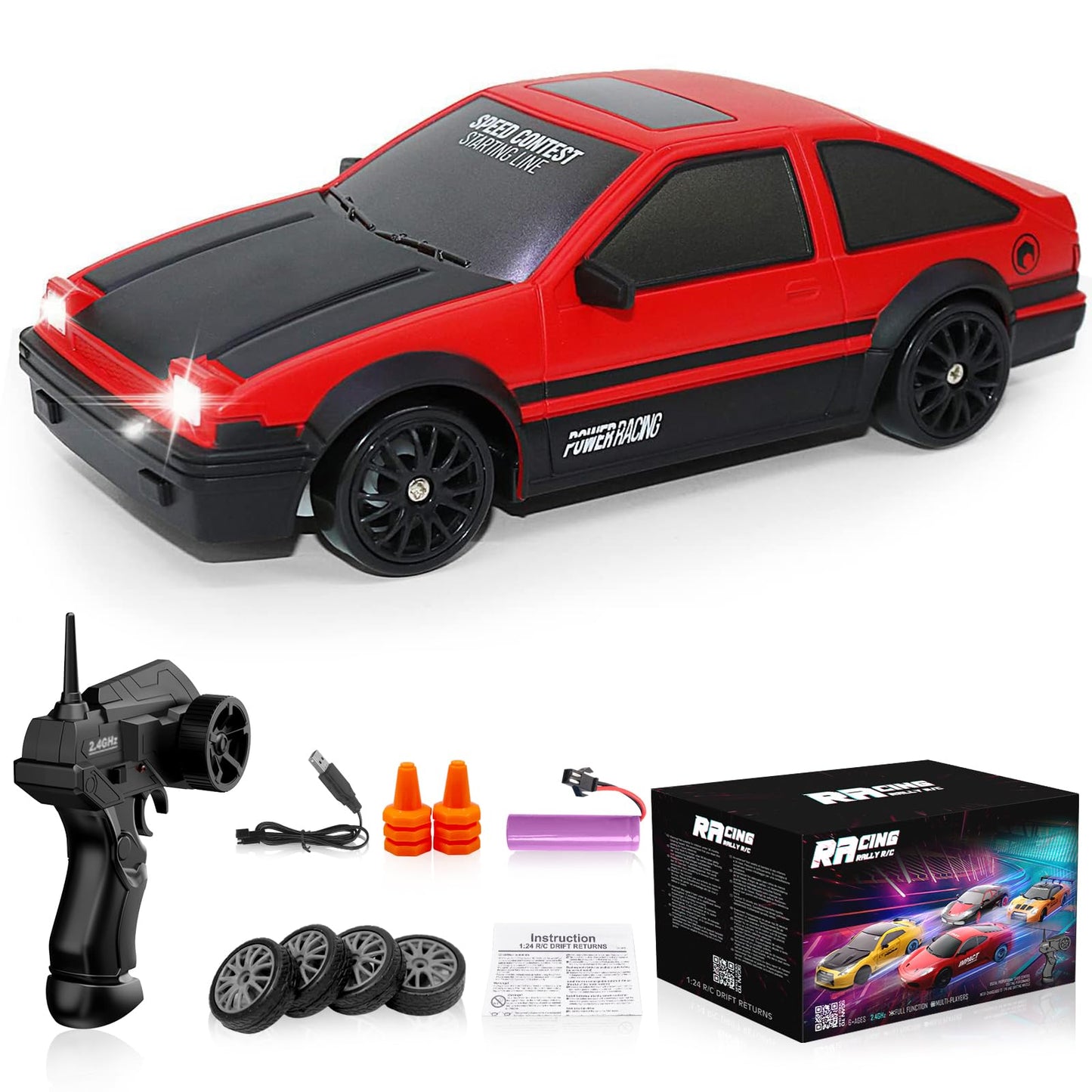 Desdoni Remote Control Car RC Drift Car 2.4GHz 1:24 Scale 4WD High Speed RC Cars Vehicle with LED Lights Batteries and Drifting Tires Racing Sport Toy Cars for Adults Boys Girls Kids Gift