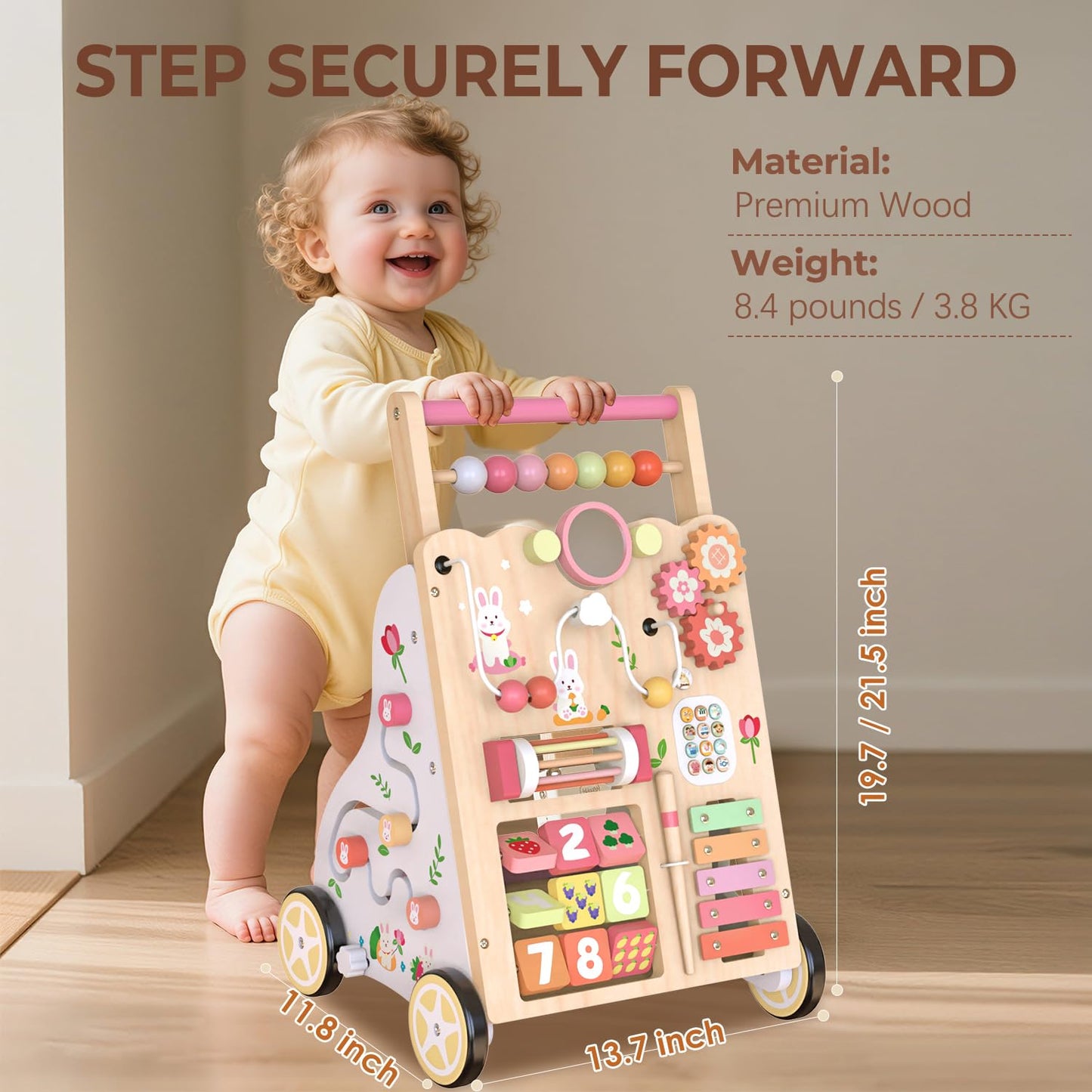 Baby Push Walker, Wooden Baby Walker with Wheels, Montessori Activity Center for 1 2 3 Years Old Boys Girls, Adjustable Speed & Height Push Toy for Toddler Learning to Walk, Kids Development Gift