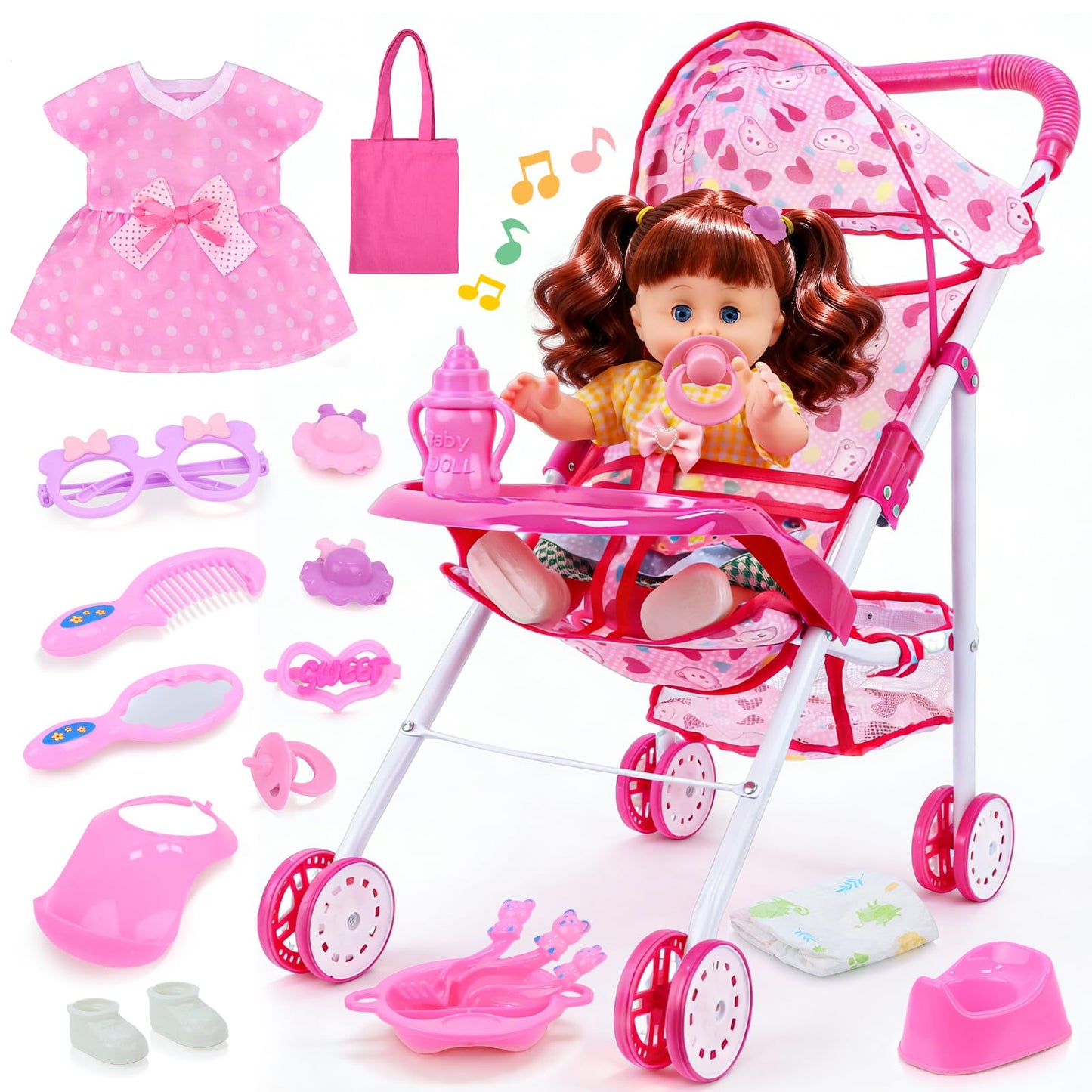 Learn2M Baby Doll Stroller Toy Set with Open & Close Eyes Interactive Doll (4 Sounds), Foldable Doll Stroller with Feeding Tray & Diaper Bag, 21 Pcs Accessories Pretend Play Toy for Toddlers 3-5