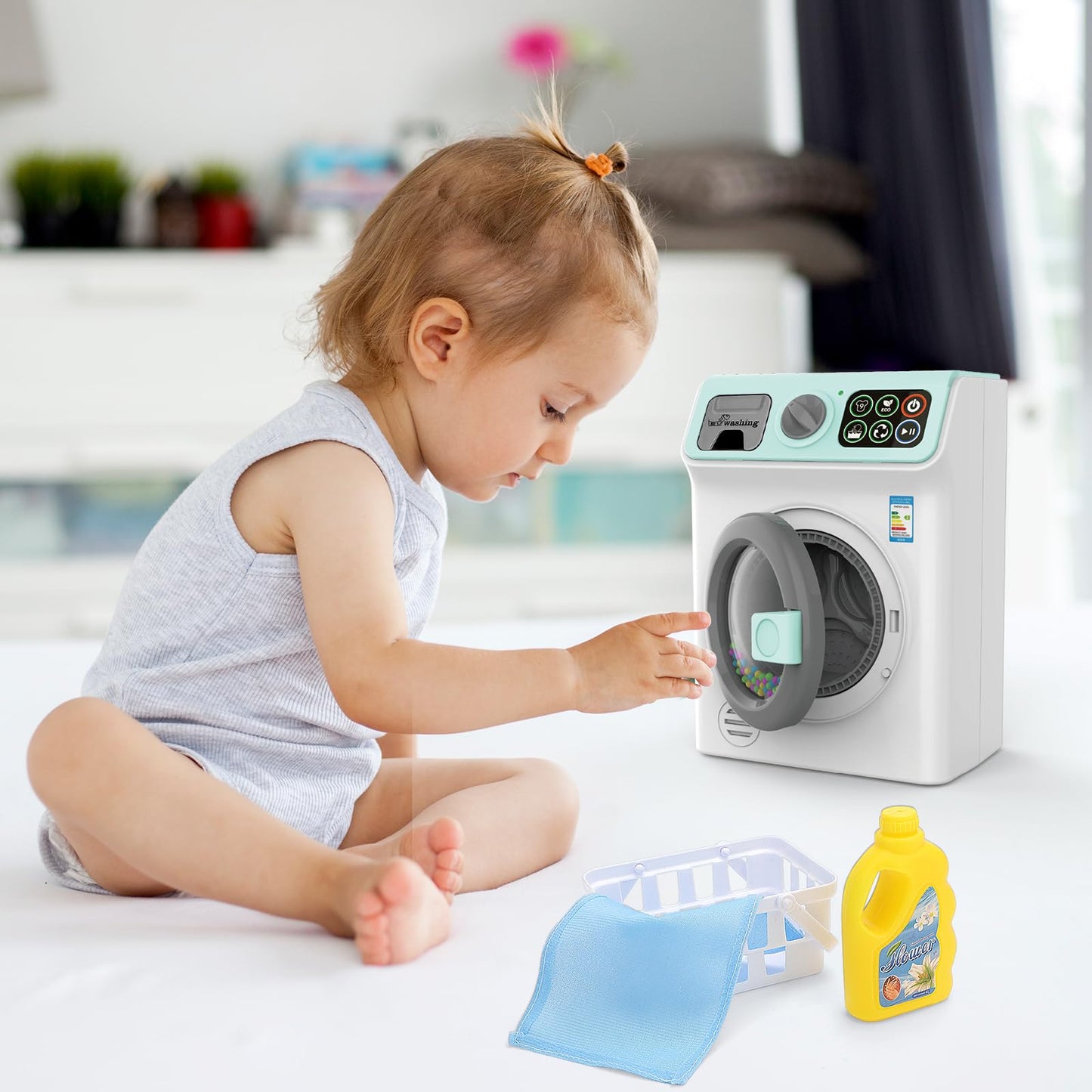 deAO Toy Washing Machine Kids Dollhouse Furniture Toy Washer Pretend Play Household Appliance Realistic Sounds Laundry Play Set with Rotatable Roller for Boys Girls (Blue)