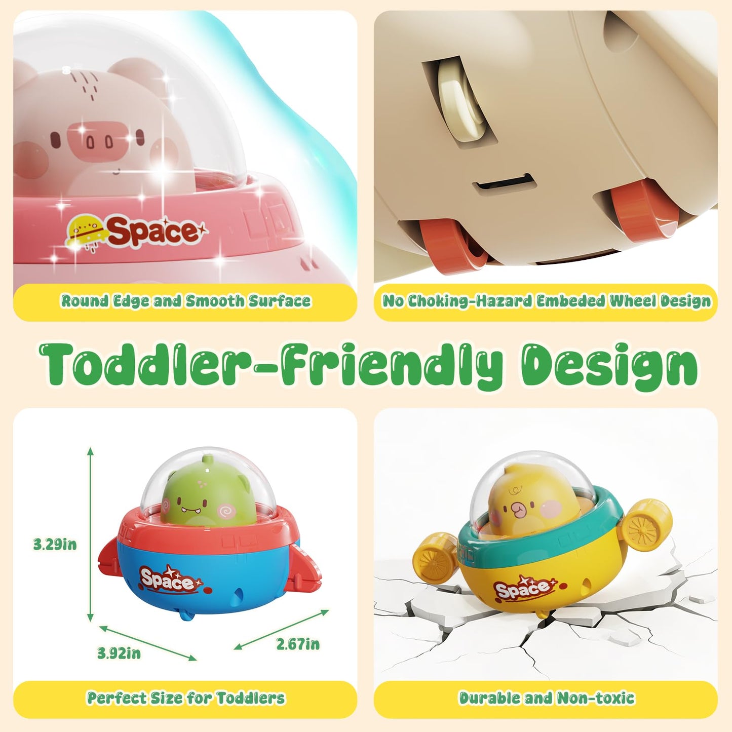 NUMBERFUN 4PCS Animals Car Toys for Toddlers 1-3,Press and Go Car Toys for Ages 0-2,Baby Toys 6-12-18 Months,Spaceship 1 Year Old Boy Toys,First Birthday Gifts Toddler Toys for 1 Year Old Boy & Girl