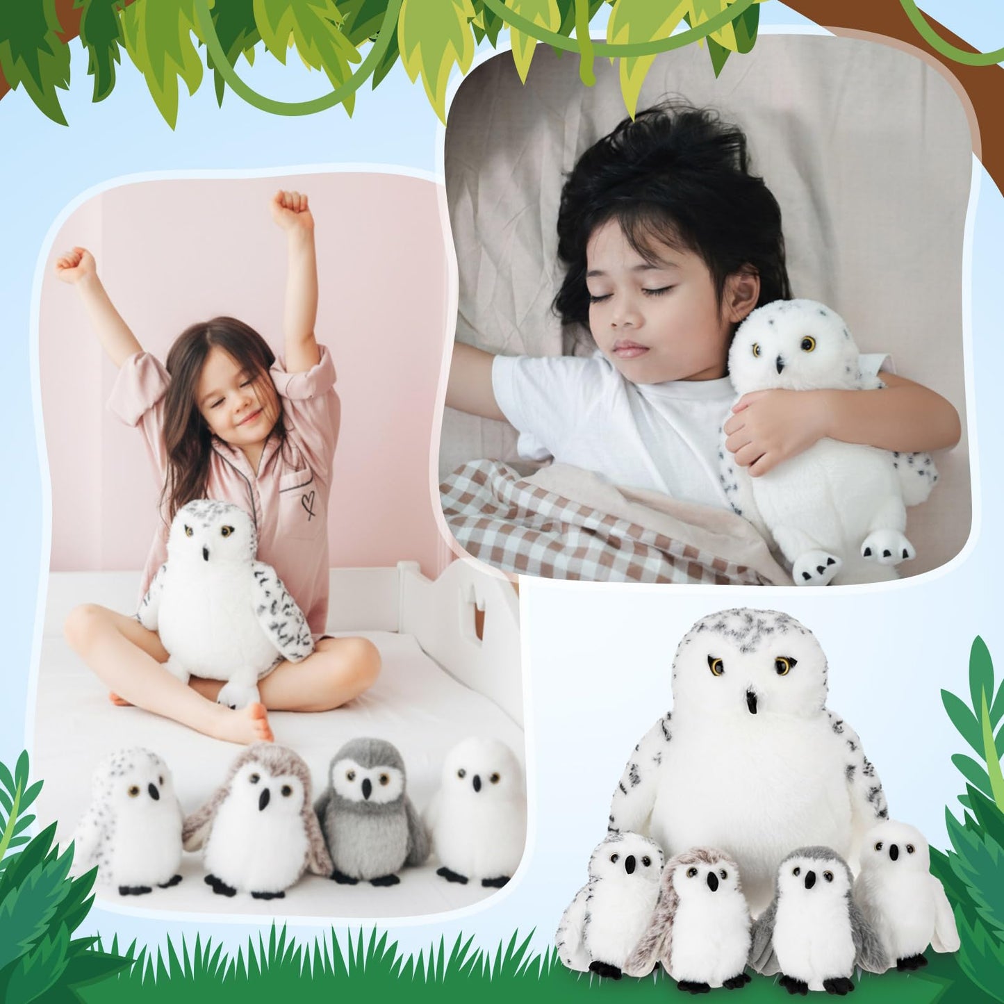 Hollowfly 5 Pcs Snowy Owls Plush Toy Gift Set 12.6" Mom Owls with 4 Cute Babies Stuffed Animal in Zippered Back Nurturing Plushes Toy Set for Kid Adults Birthday Party Favors Gifts