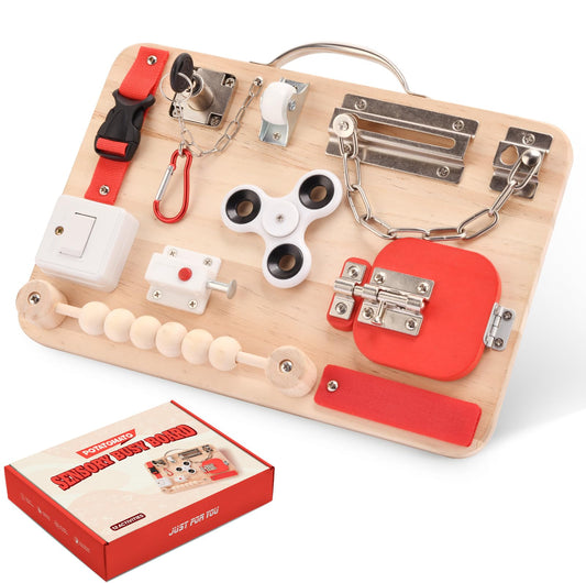 Potatomato Montessori Busy Board for Toddlers - Wooden Educational Fidget Toys - Autism Sensory Products - Activity Board for Kids Baby Boys Girls, ADHD- Fine Motor Kids Travel Toys