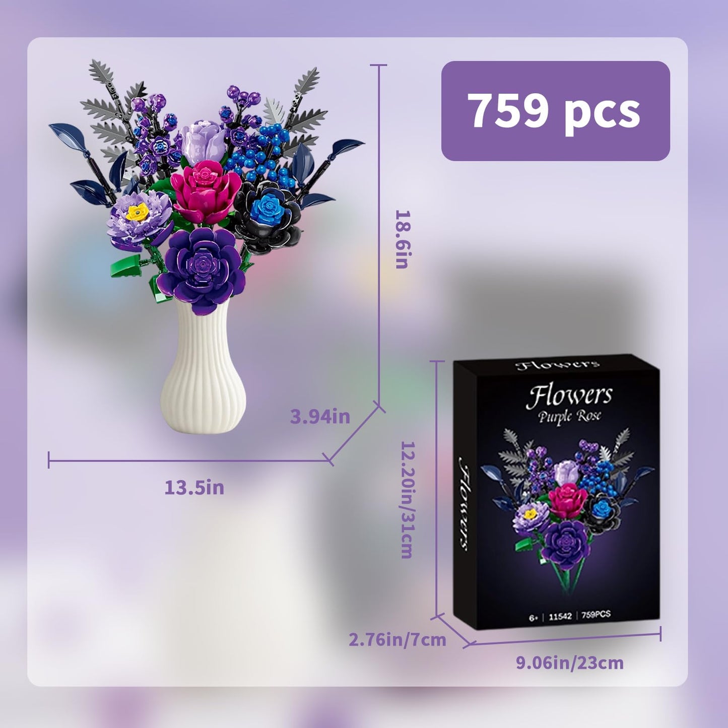 YOIUSFR 759 Pcs Purple Rose Flower Bouquet Building Set, Botanical Collection Kit Artificial Fake Flowers Blocks, Home Table Decor Aesthetic for Gifts for Mom, Birthday, DIY Craft