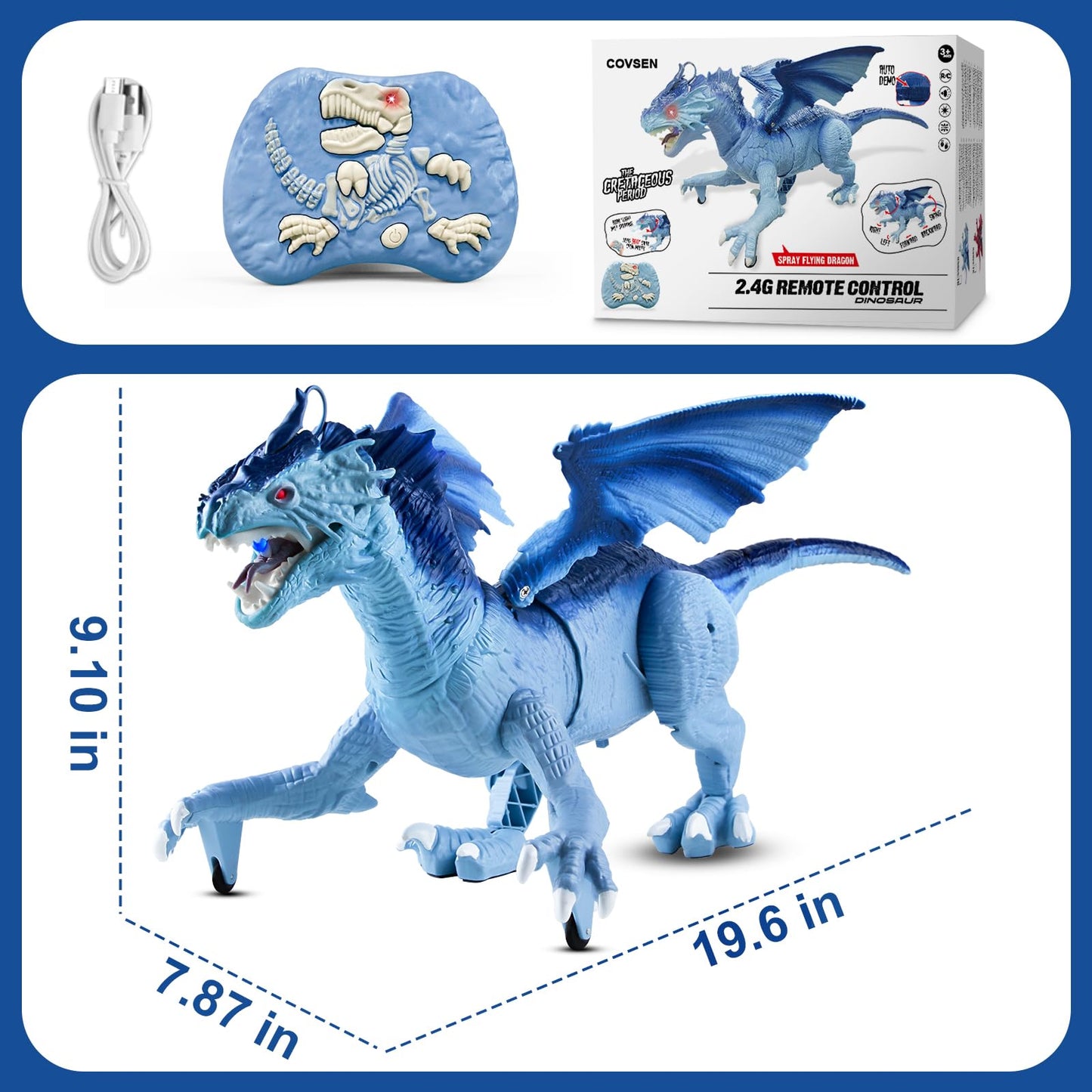 Covsen Remote Control Dragon Toy for Kids – RC Large Dragon Figure with Flapping Wings, Roaring Sound, Mist-Spraying, LED Light-Up Eyes – Birthday for Boys, Girls Ages 3+