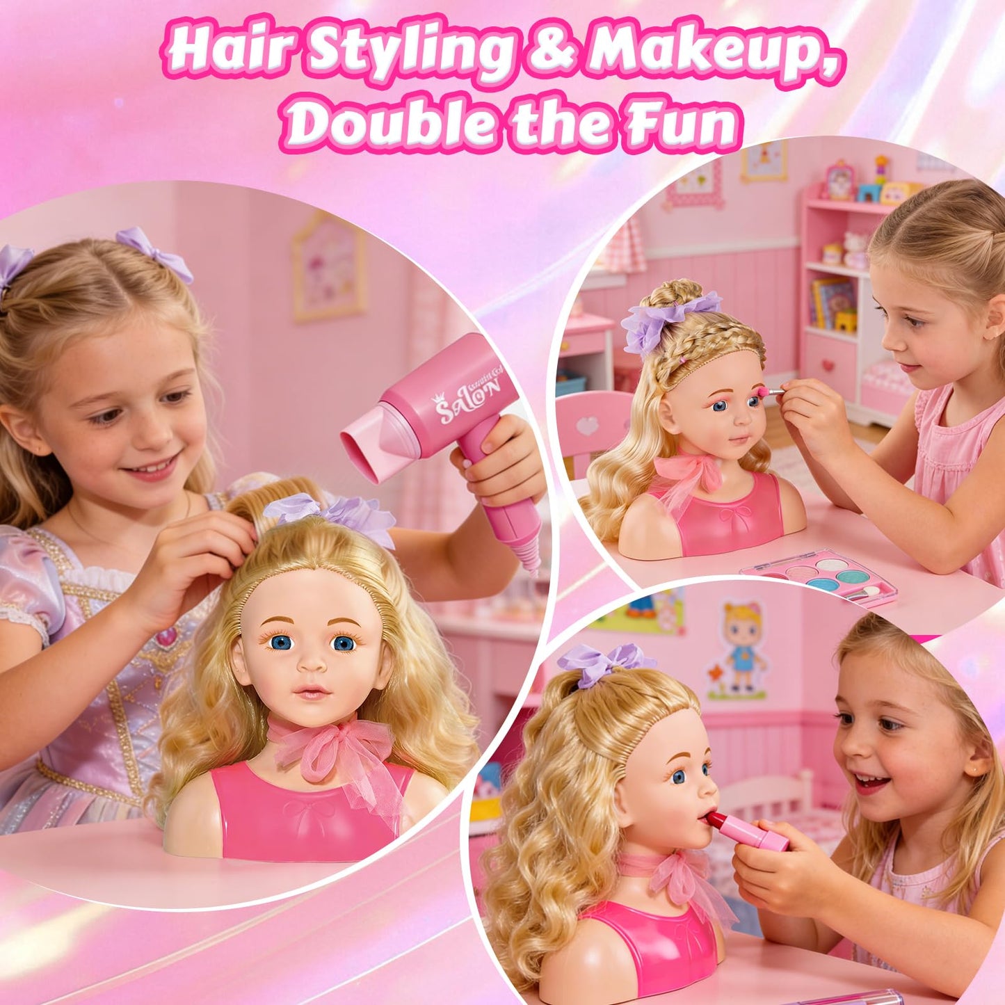 JovialStep Doll Head Hair Styling Kit for Girls Toys, Makeup Doll Head for Girl, Pretend Play Hair Salon Toy Birthday Gift for 3-8 Year Old Girls