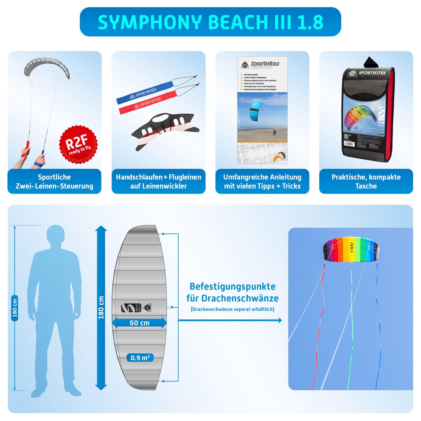 HQ Symphony Beach III 1.8 Stunt Kite, Rainbow, Dual Line Foil Sport Kite