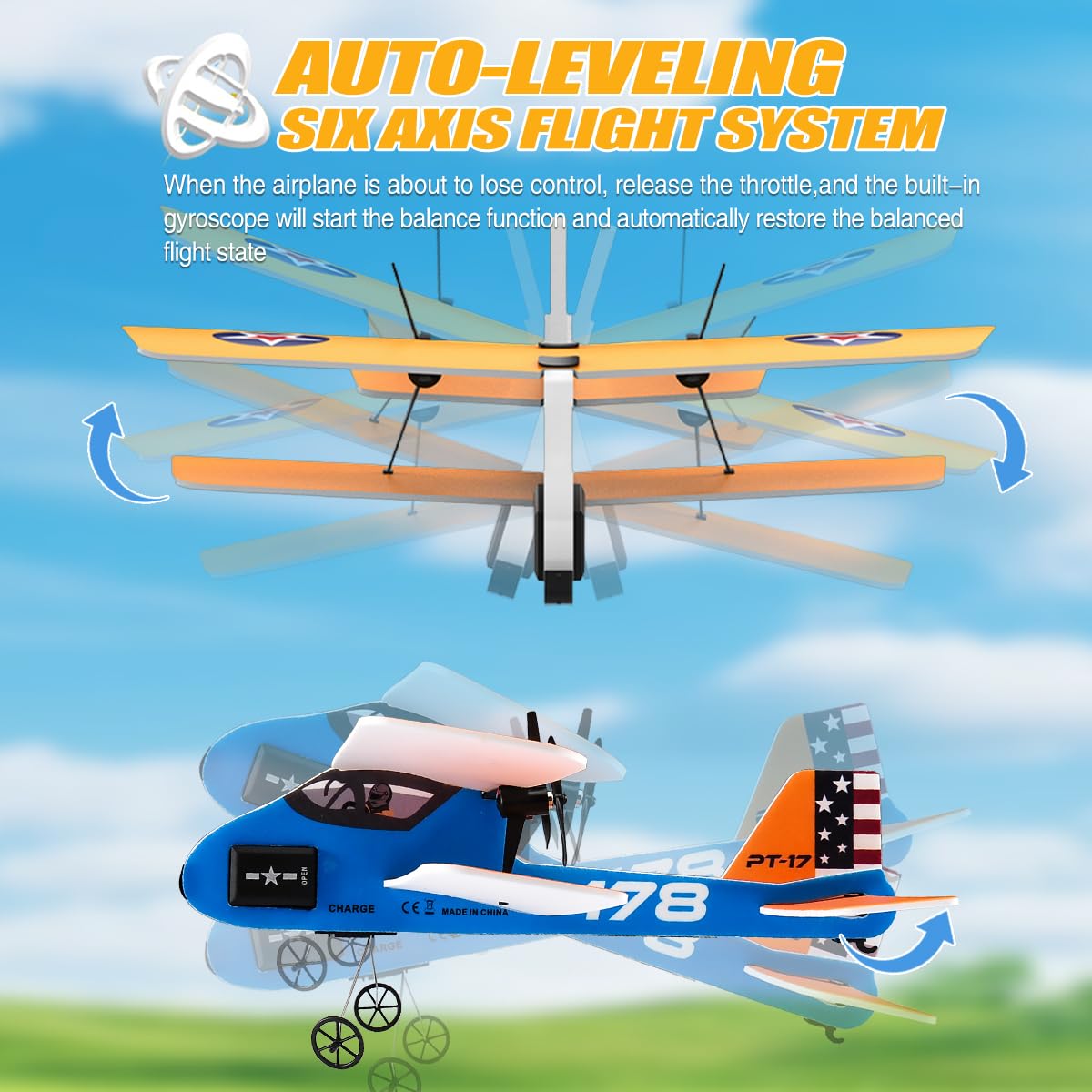 RoofWorld RC Plane 2. 4Ghz RC Airplane for Kids & Beginners Easy to Fly with 6-axis Gyro Stabilizer 2CH MPP Remote Control RC Glider Indoor/Outdoor STEM Toy for Boy Girl Pilots (Yellow Biplane)