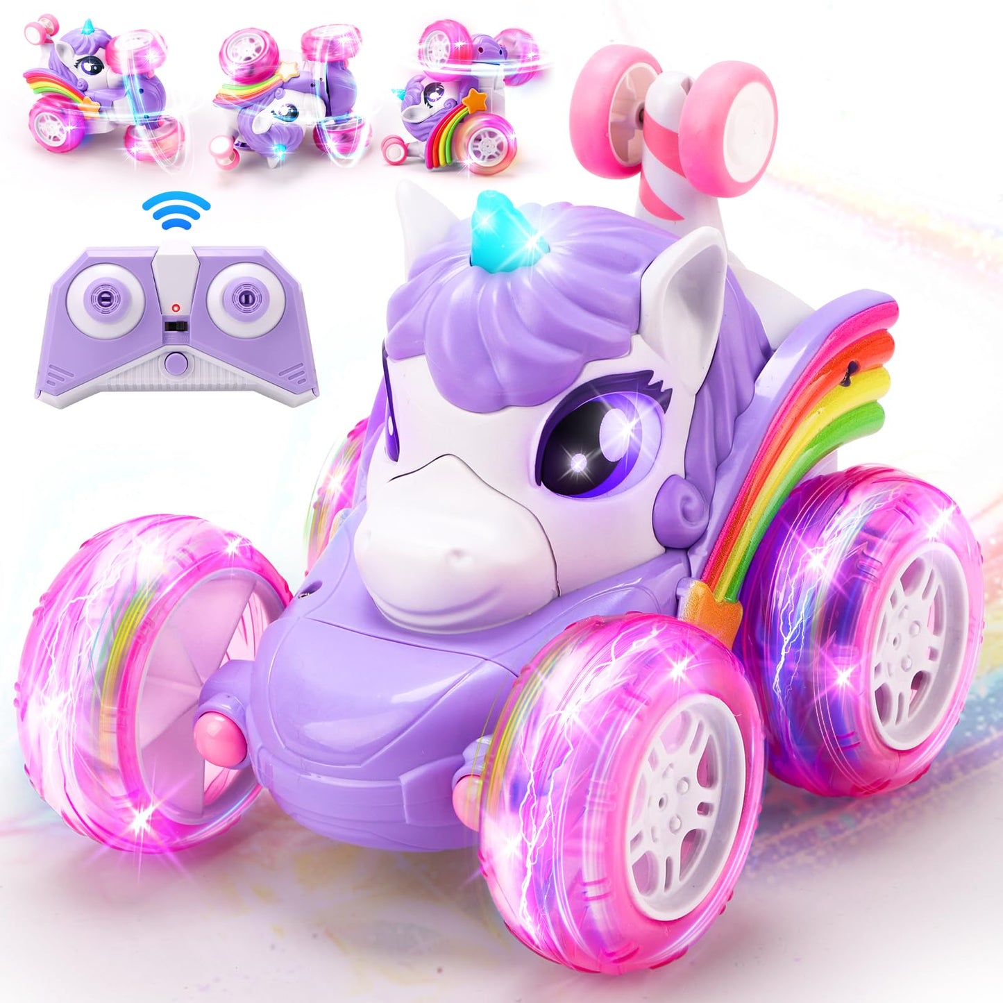 RUIDYA Unicorn Remote Control Car for Girls, 360°Rotating 4WD Stunt RC Cars for Boys with Lights, 2.4GHz Rechargeable Car Toys Gift for Toddler Kid Age 3 4 5 6+