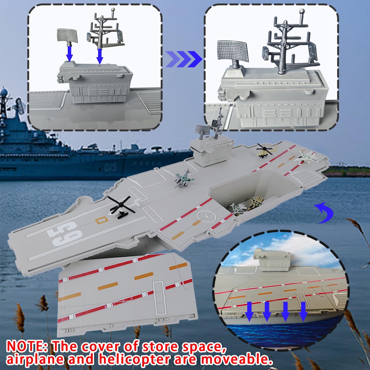OTONOPI 18.5 Inch Aircraft Carrier Battleship Army Toys with 6 Warships Fighter Jets Warplanes Helicopter, Military Aircraft Carrier Model Ships for Kids Boys Girls