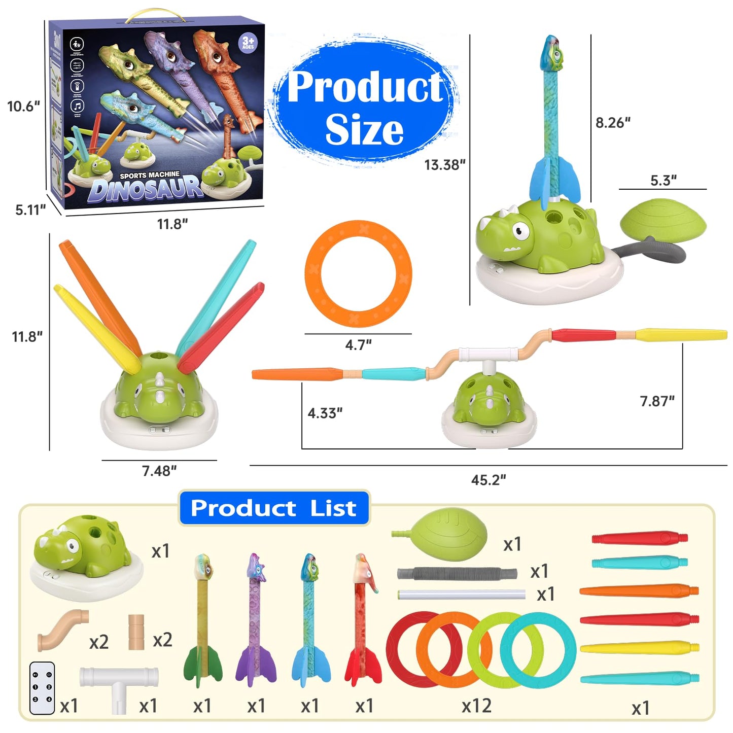 Dinosaur Rocket Launcher for Kids - 3 in 1 Outdoor Toys for Kids Ages 4-8: Stomp Rockets, Musical Jumping & Ring Toss Games with Remote Control - Outside Toys for 3-8 Year Old Boys Girls Birthday Gift