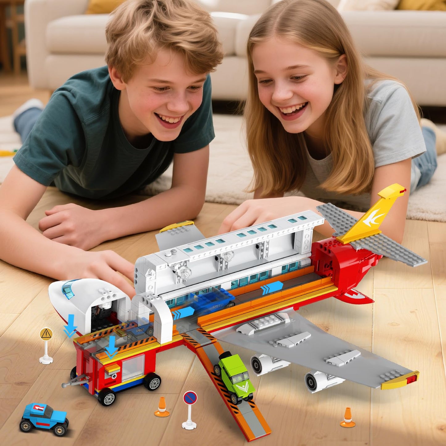 HOGOKIDS 2 Style City Airplane Building Set with LED Light - Plane Building Blocks Switch Passenger Cargo Projectile Toy with 3 Cars, Planes Model Toys Valentines Gifts for Kids Boys Girls Age 6-12+