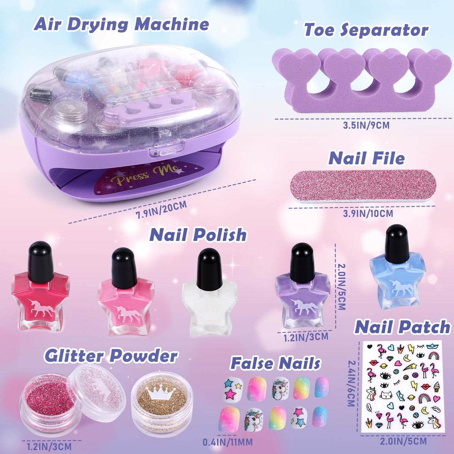 Golray Kids Nail Polish Set for Girls, All-in-One Nail Art Kit - Dryer/ Glitter Powder/ False Nails/ Nail Decals/ Toe Separator/File, Age 3-12 Little Girl Gift Toys