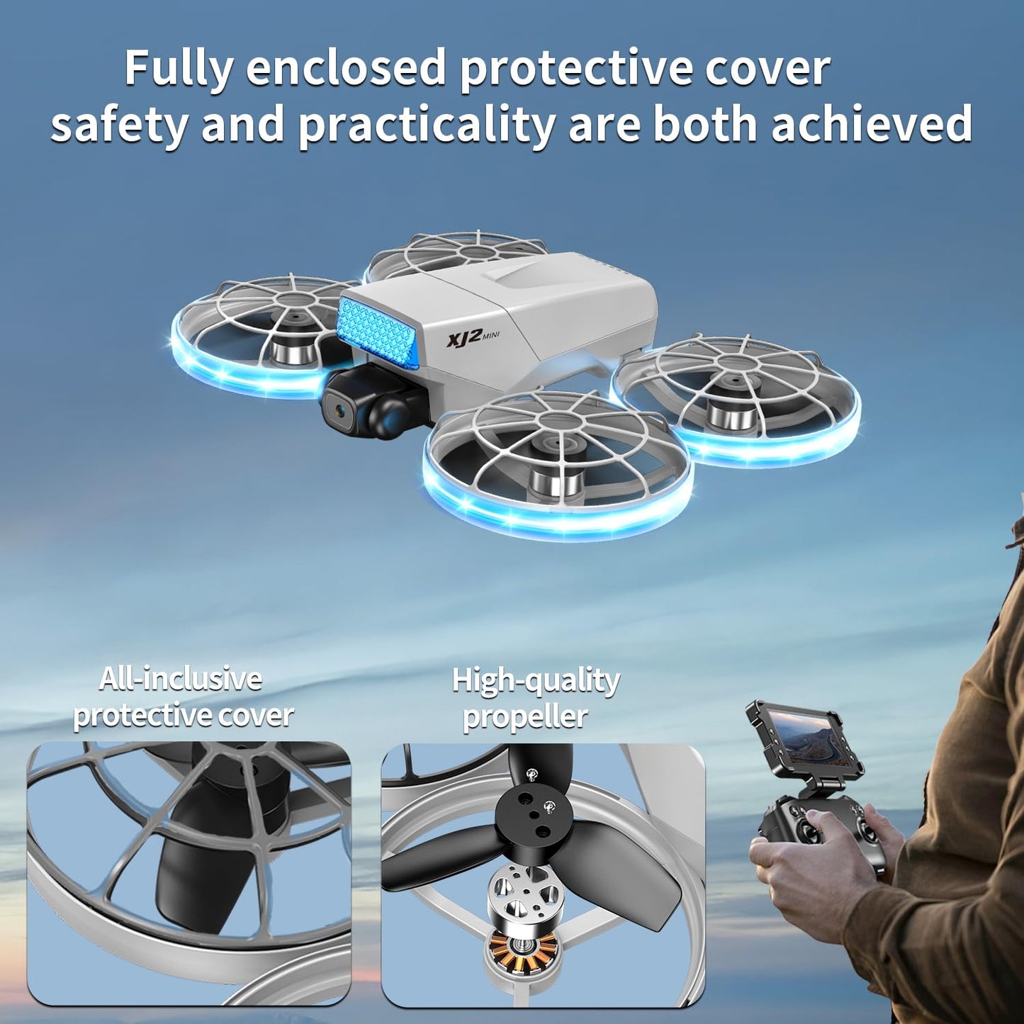 UAVRIAO Foldable RC Drone with 1K HD Camera, Upgraded Foldable Remote with Detachable Lanyard, 2 Batteries & Carry Case - Safe Propeller Guard, 3D Flips, One-Key Takeoff/Landing, Ideal Gift for Beginners and Adults