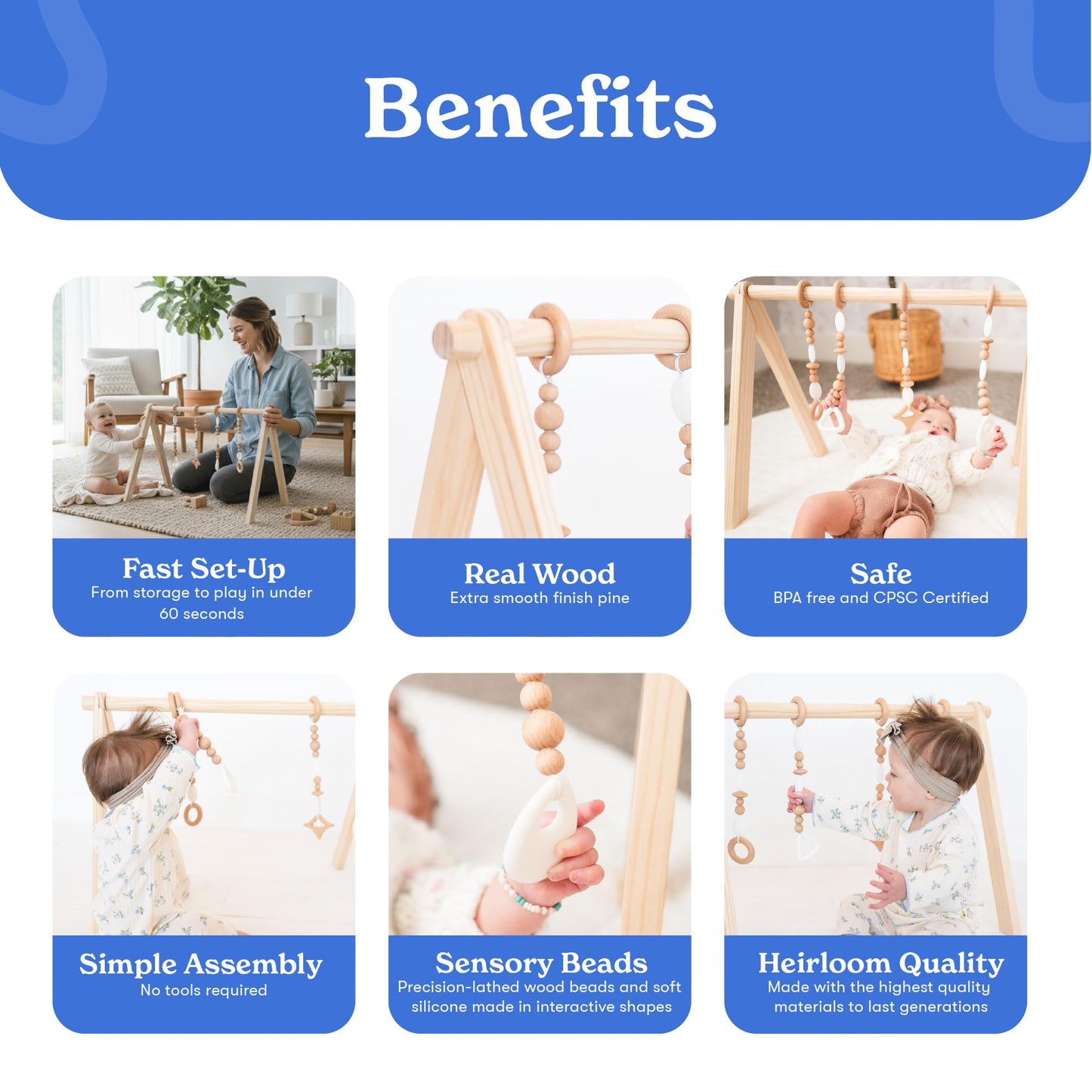 Poppyseed Play Wooden Baby Play Gym | Montessori-Inspired Activity Center with 4 Hanging Toys | Natural Wood & Silicone | Ideal for Tummy Time, Sensory Play & Motor Skill Growth | 0-12 Months
