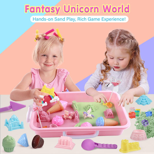 Unicorn Sensory Sand Bin Kit for Girls, Magic Art Unicorn Castle Ice Cream Molds, 2.2lbs Colorful Play Sand, Tools Sandbox with Lid – Great Christmas Birthday Magic Sands Gift for Toddler 3 4 5 6 7 8