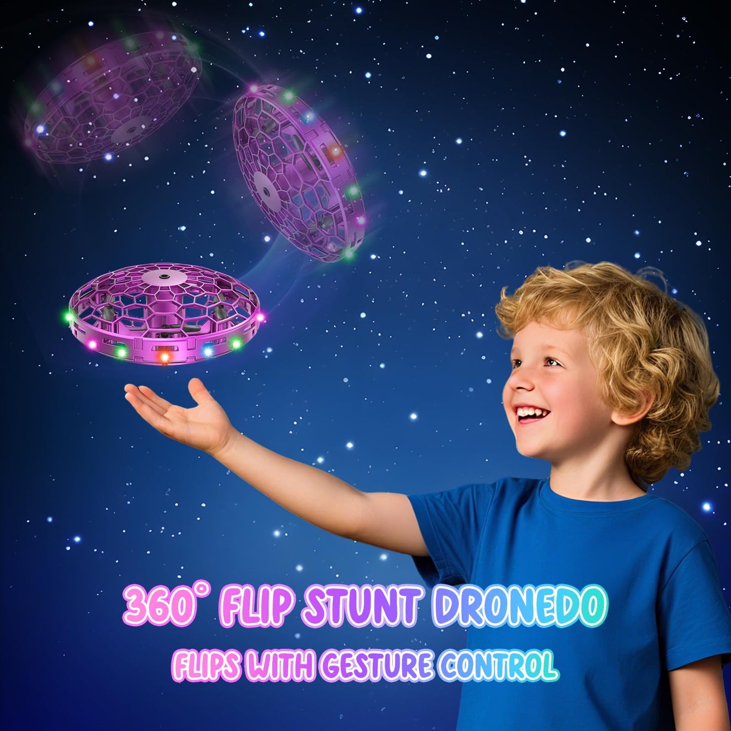 TSM005 Mini Drone for Kids,Hand Operated UFO Toy,Flip Stunt Hover Toy with LED,Easy Indoor Outdoor Flying Toys,Rechargeable UFO Drone for Kids 6-8-12,Cool Christmas Birthday Gifts for Boys Girls (Purple)