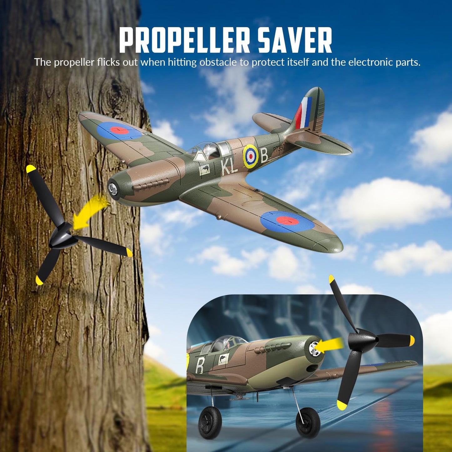 volantexrc RC Plane Spitfire Fighter 4CH Remote Control Airplane RTF with Aileron, Gyro, Aerobatics & 3 Modes to Fly, Hobby Radio Controlled Warbird Aircraft for Adults, Beginners(Green)