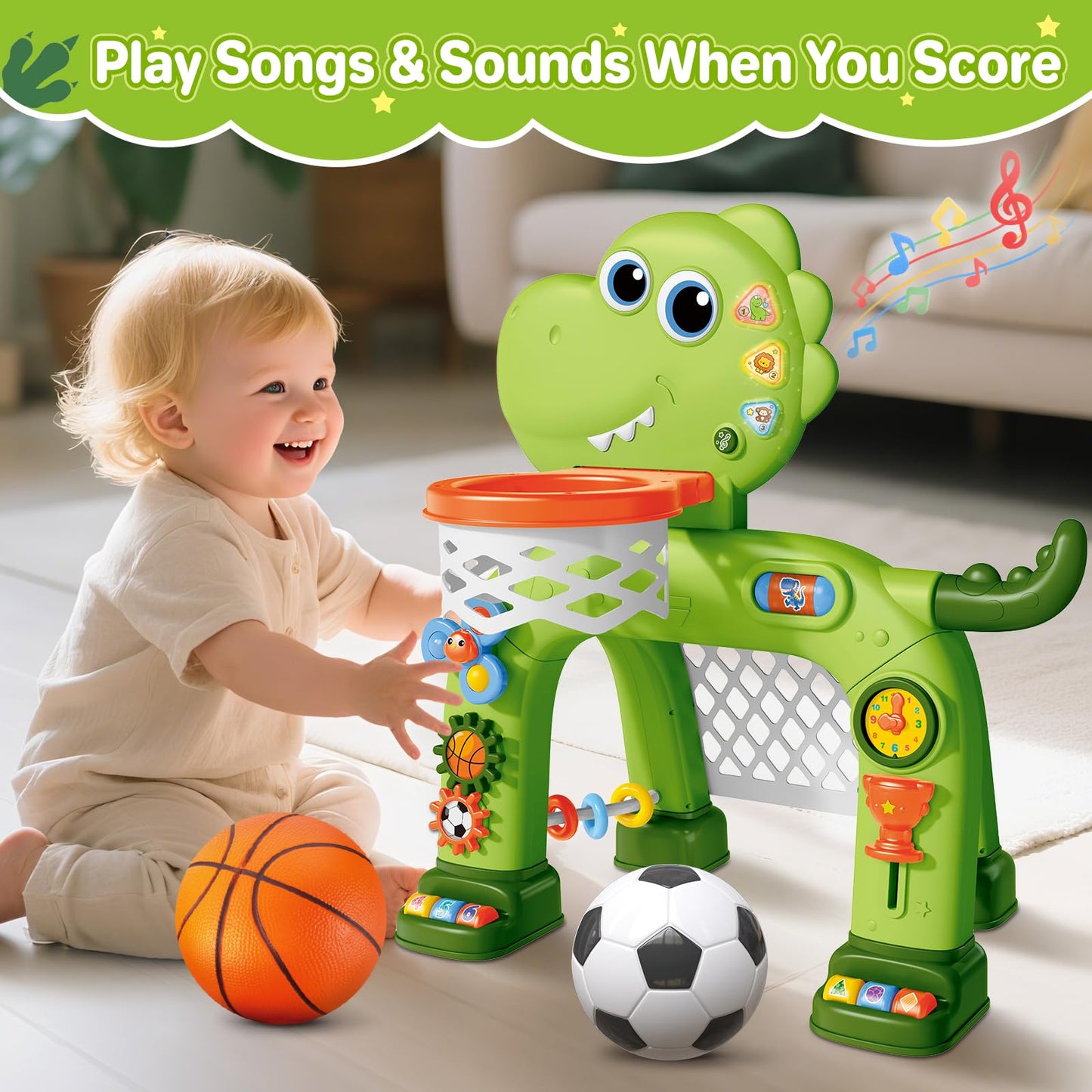 AuroTops Toddler Basketball Hoop & Soccer Goal Toy,Dinosaur Toys with Light & Music,Musical Toys for 1 Year Old Boy Girl Learning Toy for Toddlers 1-3 Birthday Gifts for 1 Year Old Boys